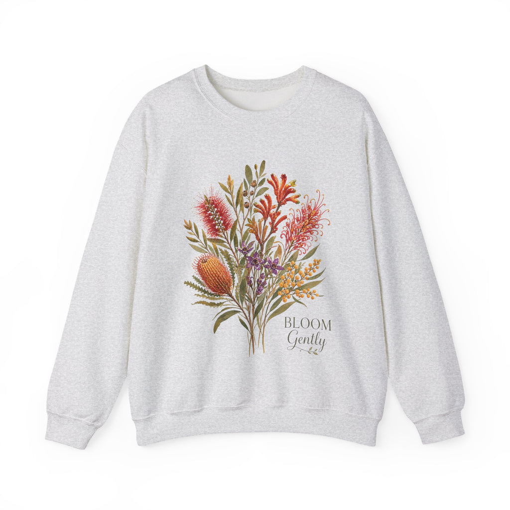 Floral bouquet sweatshirt, light grey crewneck with colorful botanical bouquet graphic
