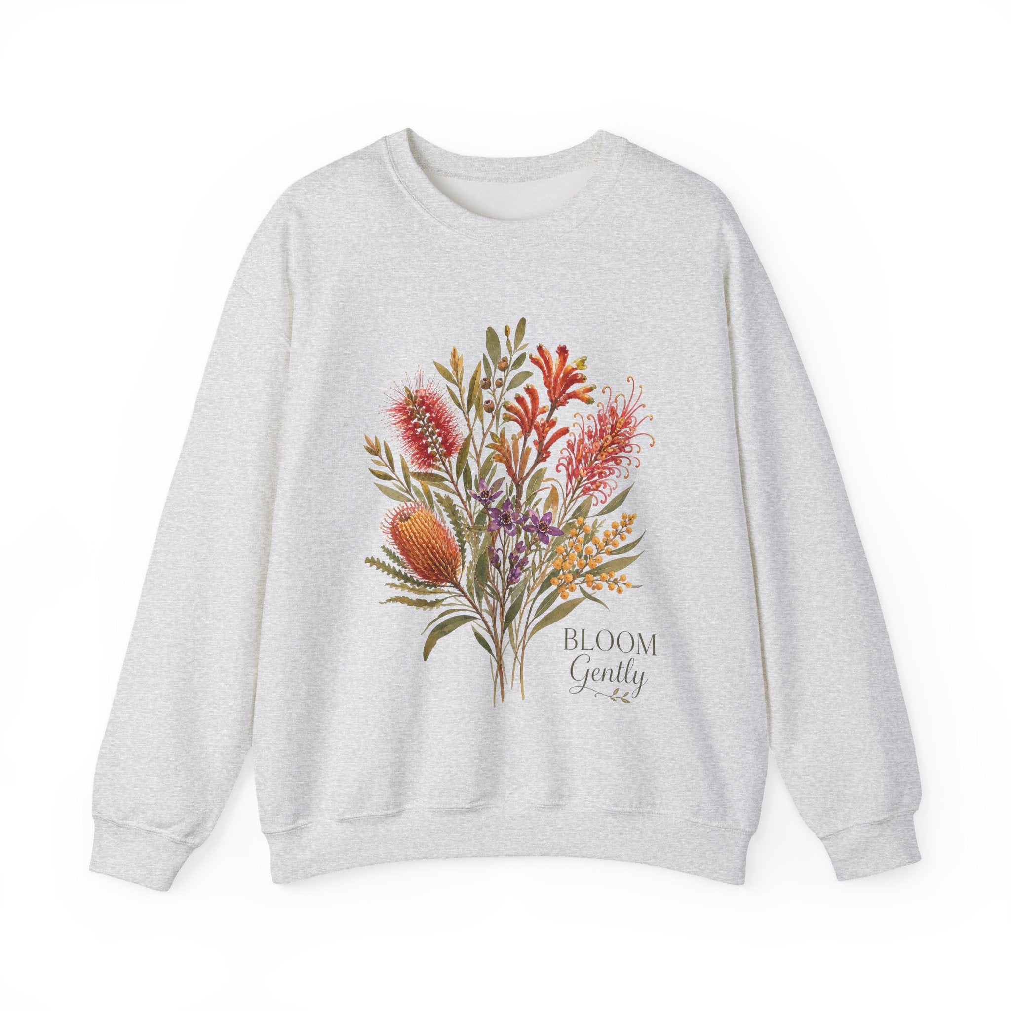 Floral bouquet sweatshirt, light grey crewneck with colorful botanical bouquet graphic