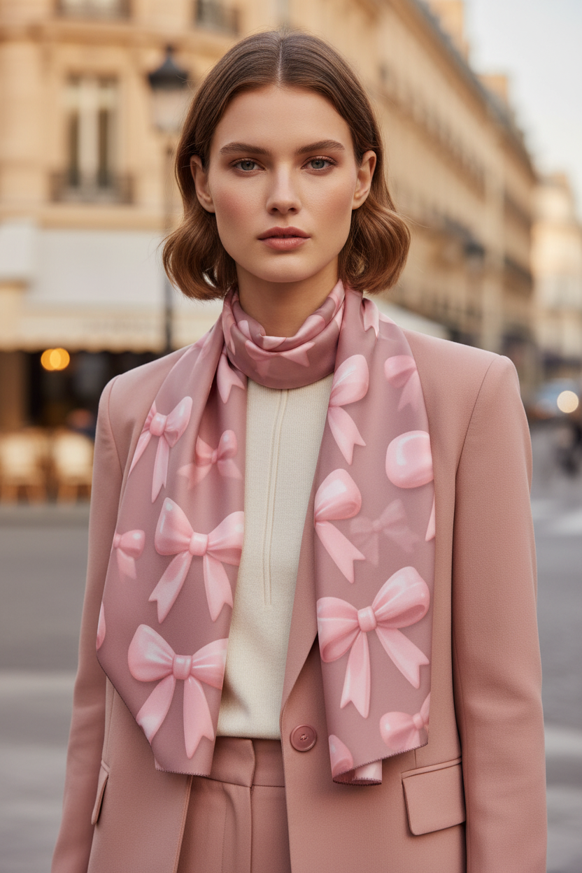 Pink Bow Print Silk-Look Scarf — Pink Bow Tie Design