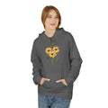Charcoal pullover hoodie with hood, front pocket, and sunflower heart chest graphic