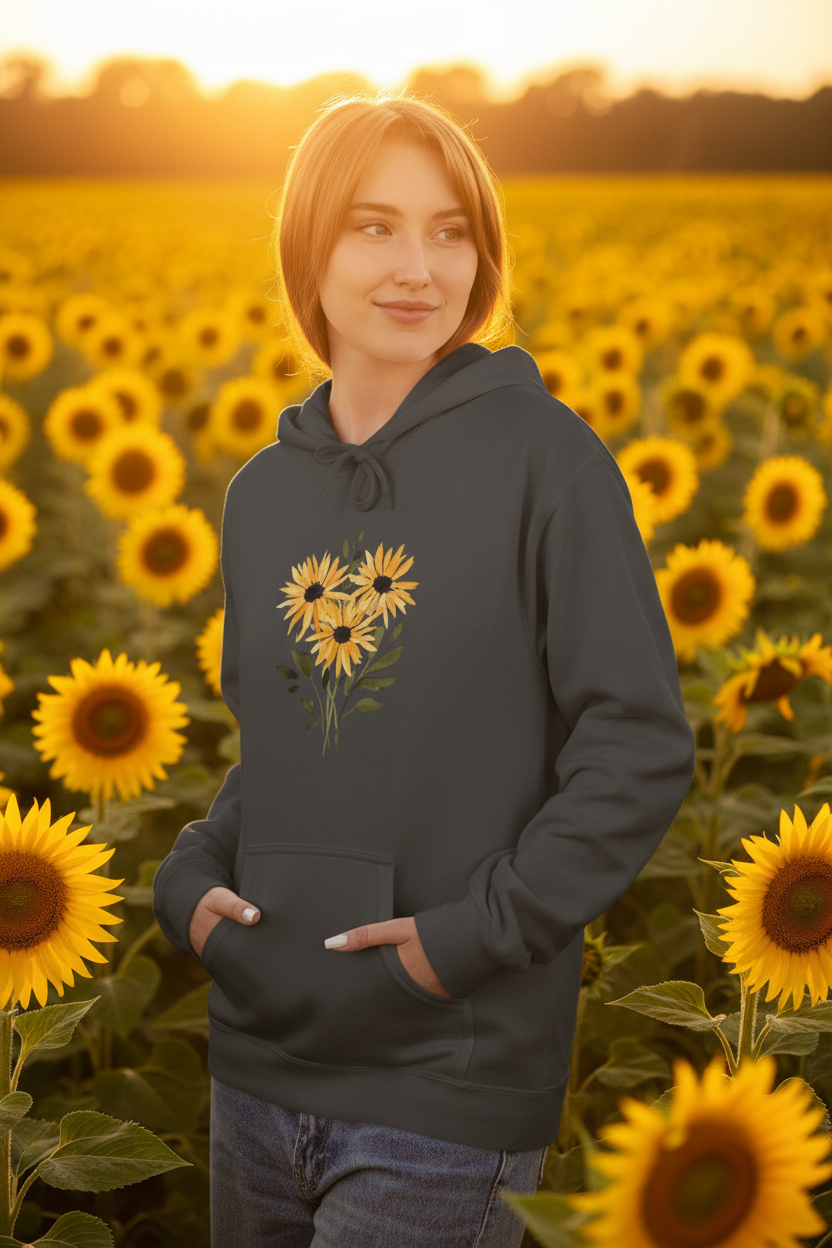 Charcoal hoodie with embroidered sunflower-heart graphic, drawstring hood and front pocket