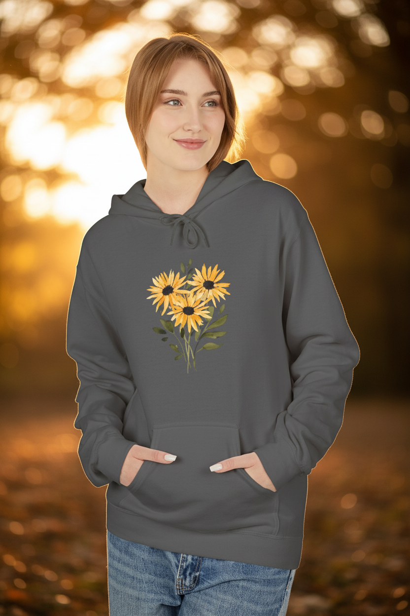 Charcoal hoodie with sunflower heart graphic, hood, and front pouch pocket