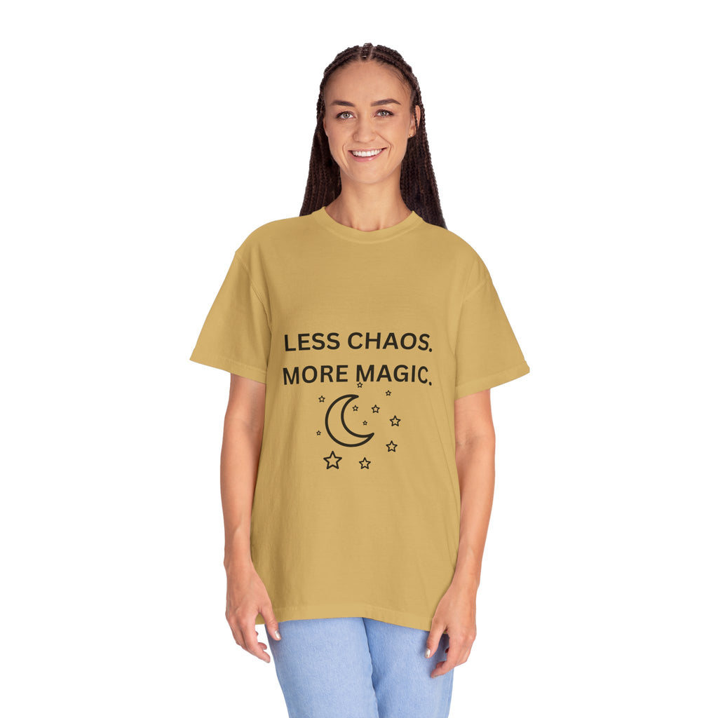 Less Chaos, More Magic T-Shirt — Crescent Moon + Stars Graphic Tee
