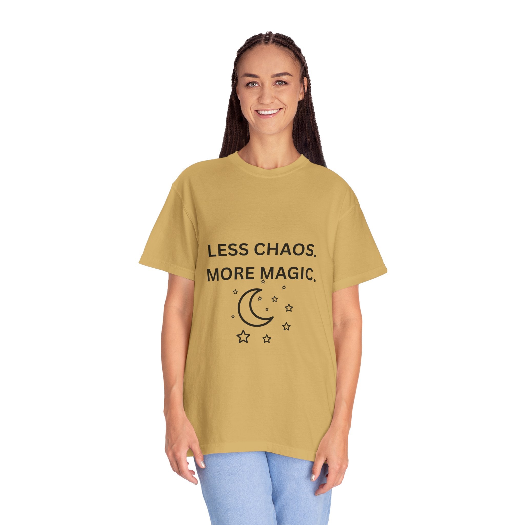 Less Chaos, More Magic T-Shirt — Crescent Moon + Stars Graphic Tee