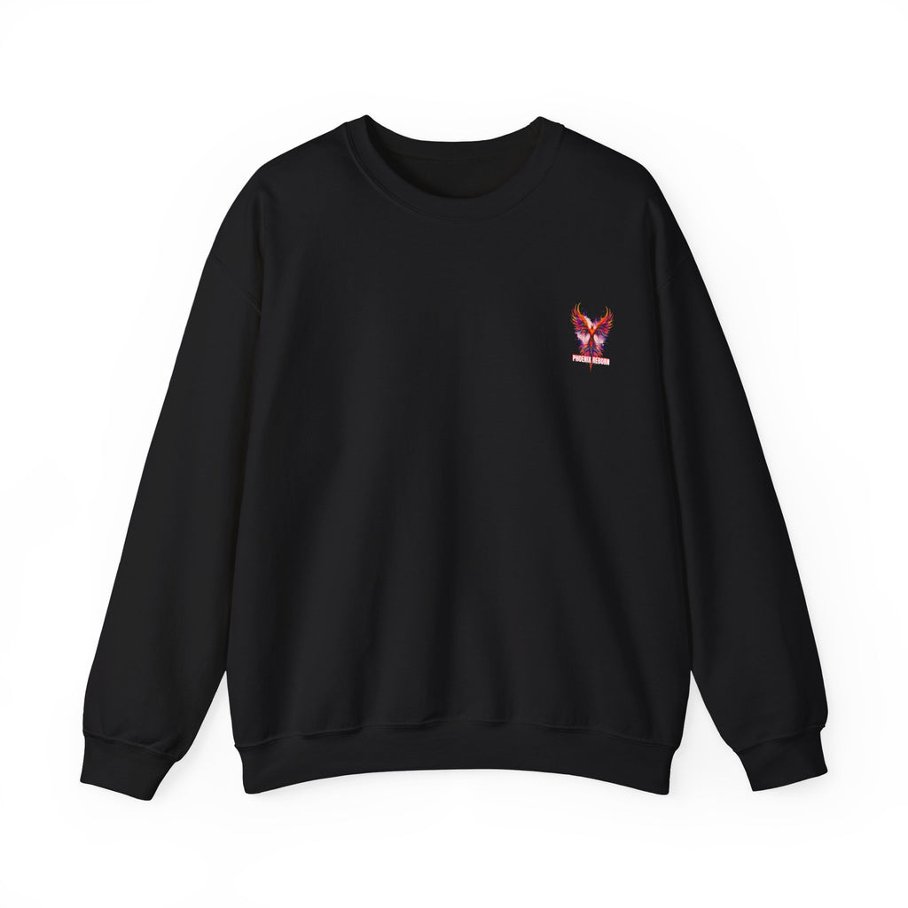 Black crewneck sweatshirt with small colorful phoenix bird graphic on chest