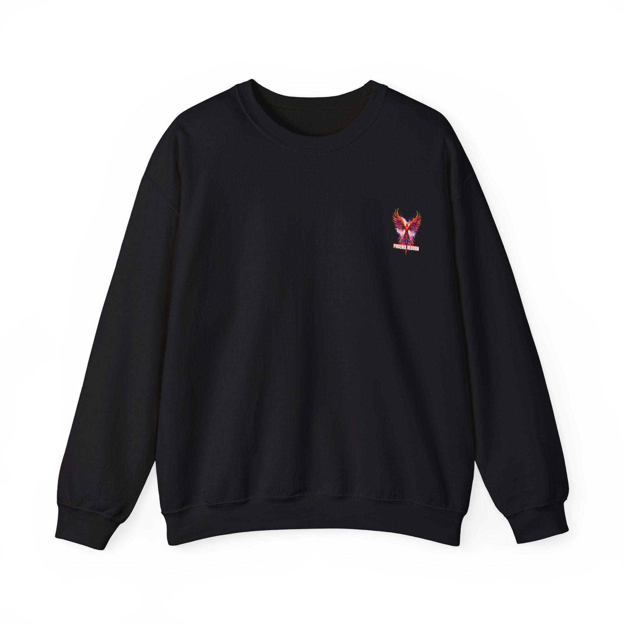 Black crewneck sweatshirt with small colorful phoenix bird graphic on chest