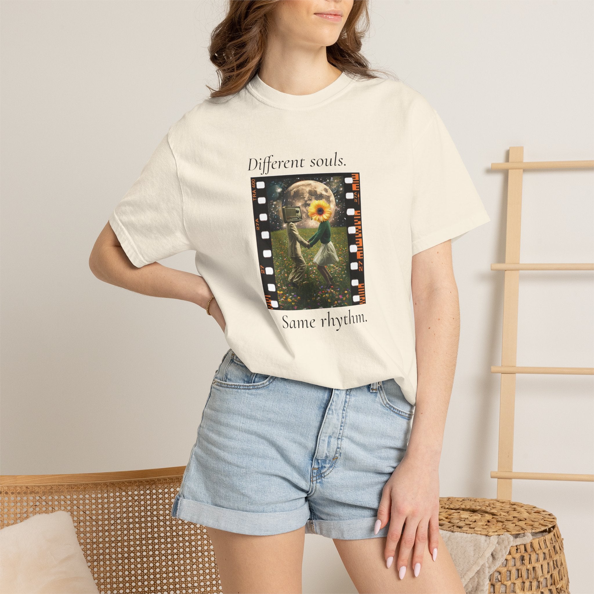 Cream crew-neck tee on model with 'Different souls' filmstrip graphic