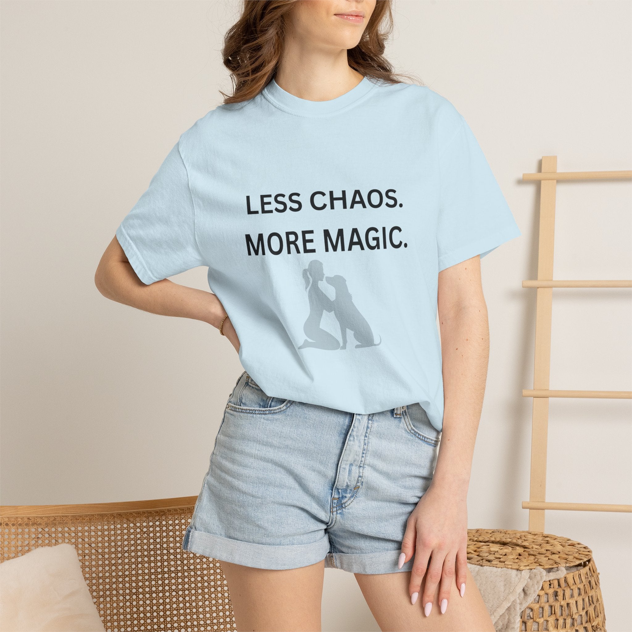 Less Chaos, More Magic T-Shirt — Woman + Dog Silhouette Graphic Tee
