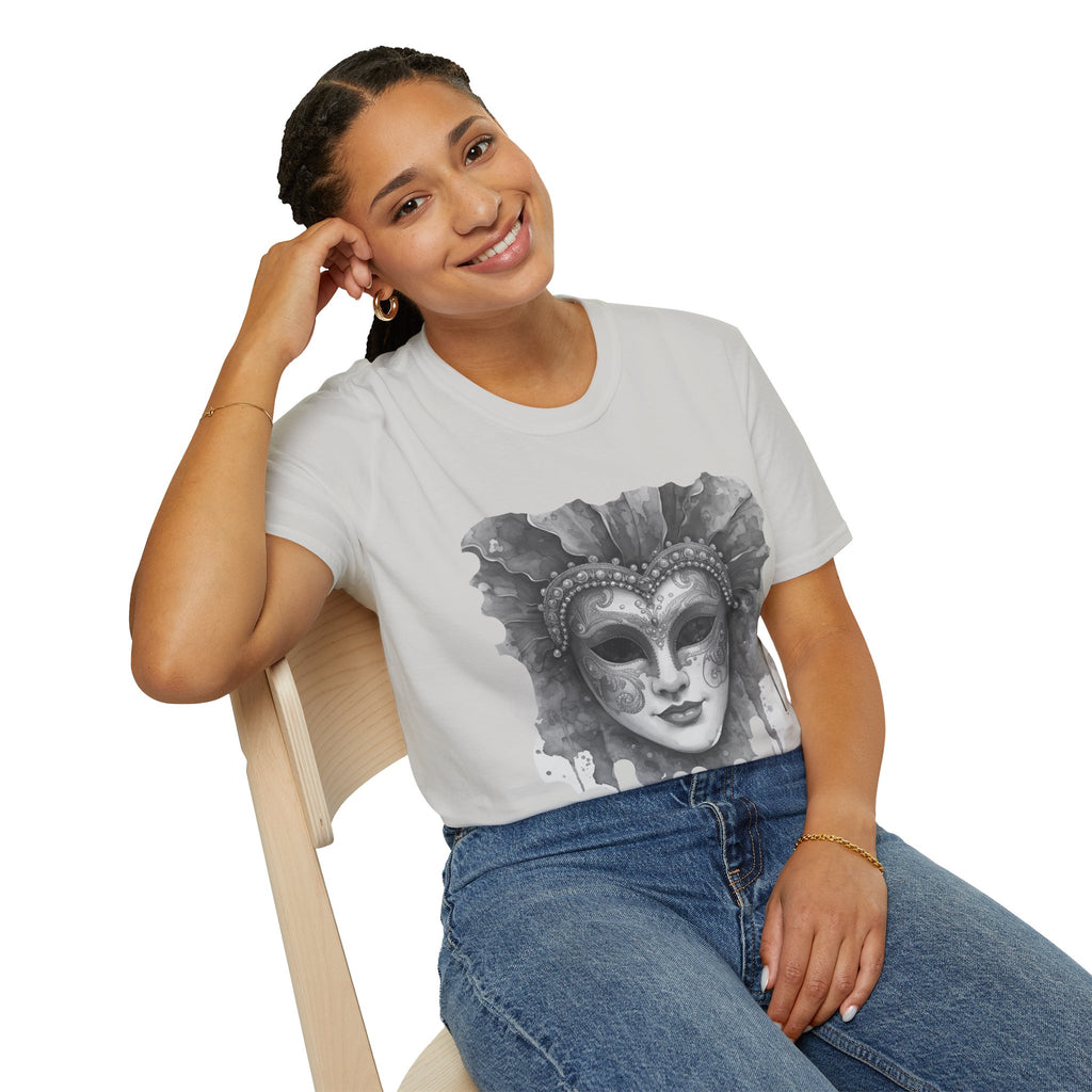 White crew-neck T-shirt with watercolour-style masquerade mask graphic on front