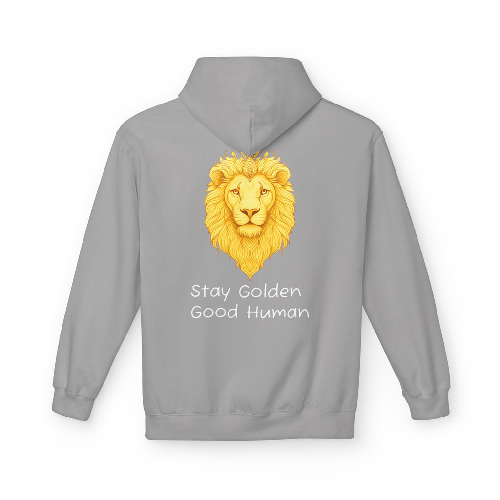 Unisex hoodie heather gray with lion graphic and 'Stay Golden Good Human' front