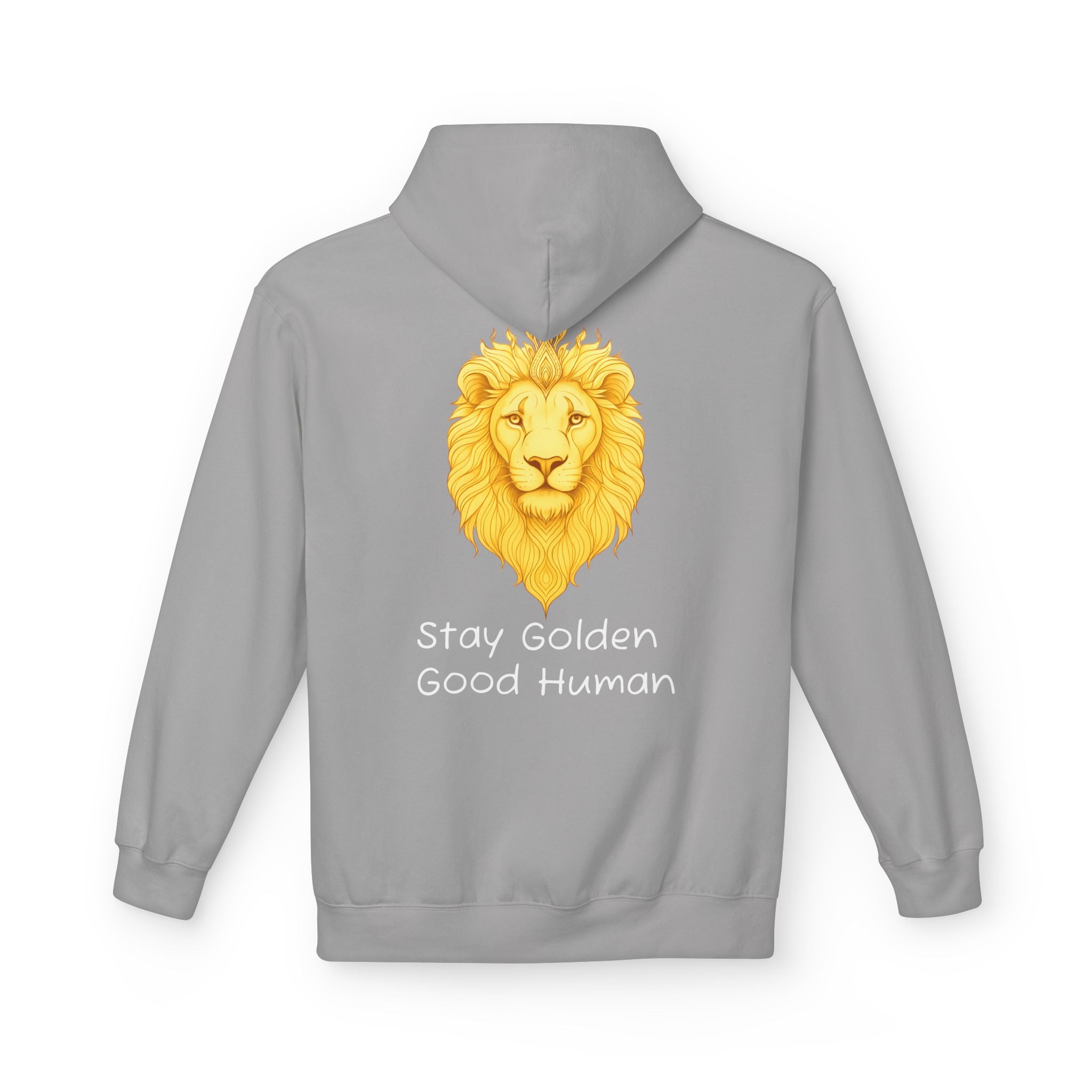Unisex hoodie heather gray with lion graphic and 'Stay Golden Good Human' front