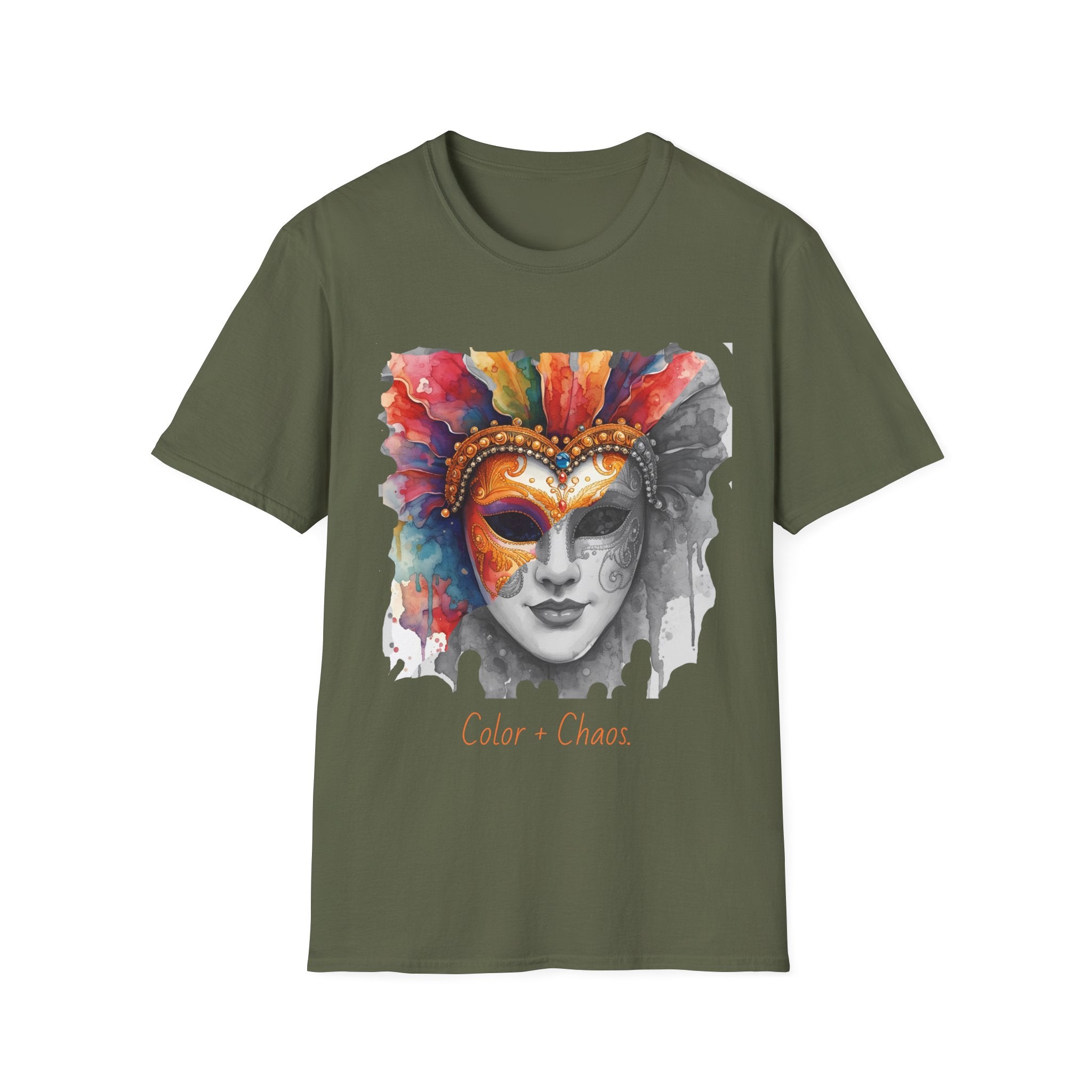 Military green face graphic T-shirt with watercolor masquerade mask print on front
