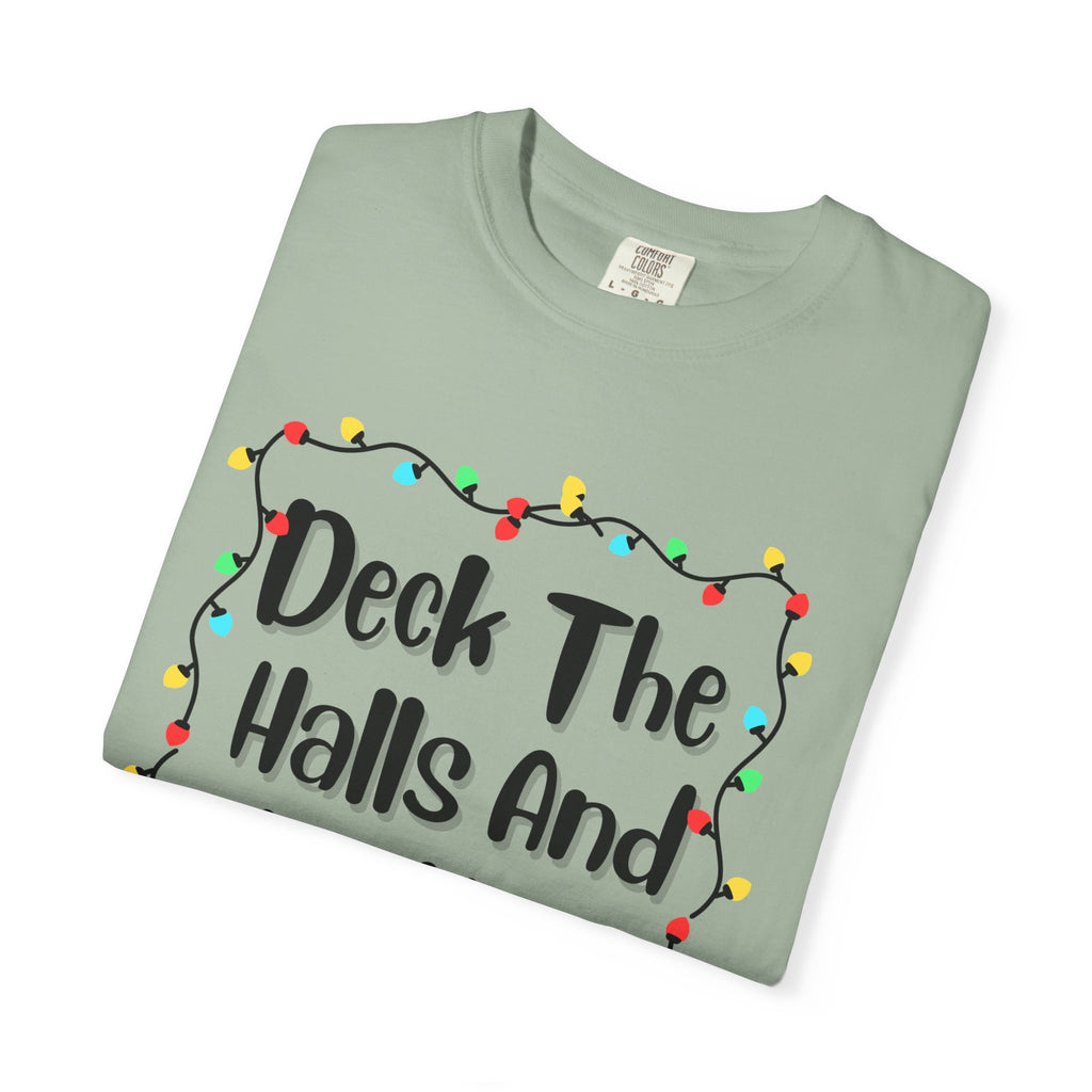 Sage green T-shirt, 'Deck The Halls And Not Your Sibling' with multicolor lights graphic