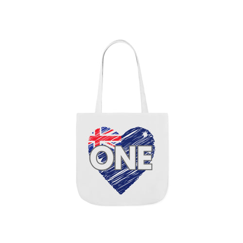 White canvas tote bag front view with blue heart and 'ONE' Union Jack design