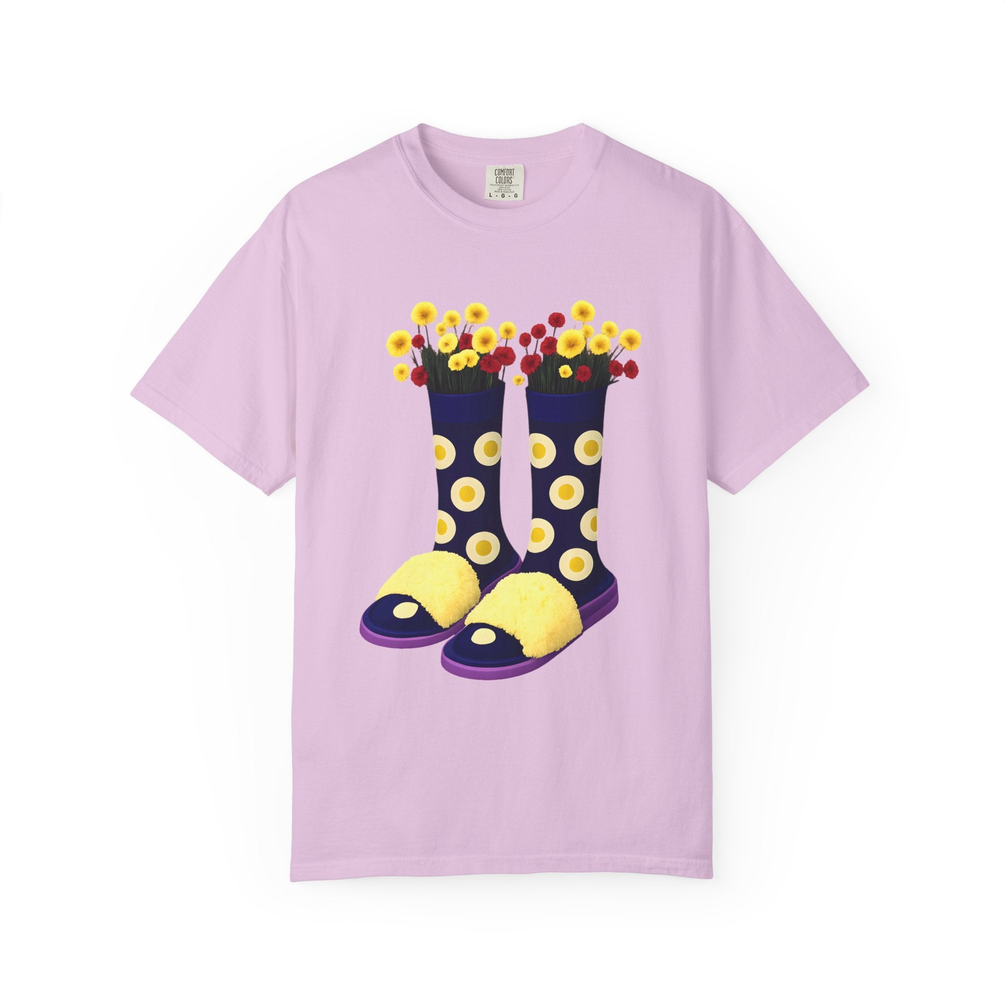 Orchid purple t-shirt with floral rain boot graphic featuring yellow and white dots.