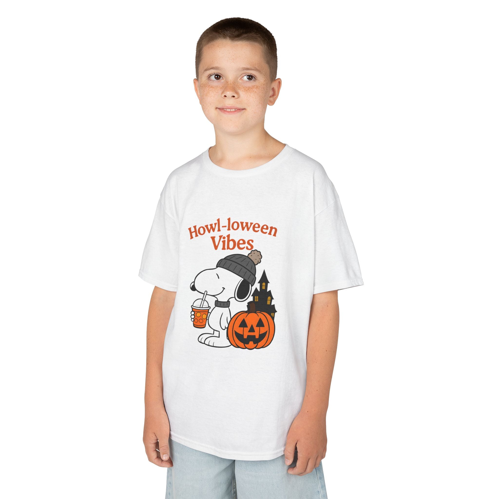 White kids T-shirt on child model: Snoopy 'Howl-loween Vibes' with jack-o'-lantern