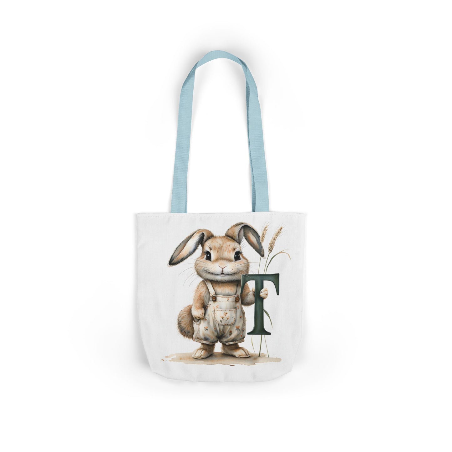 Cute Letter T Bunny Canvas Tote Bag with Colorful Straps, Eco-Friendly Reusable Shopping Bag, Easter Gift, Spring Tote, Cute Gift idea