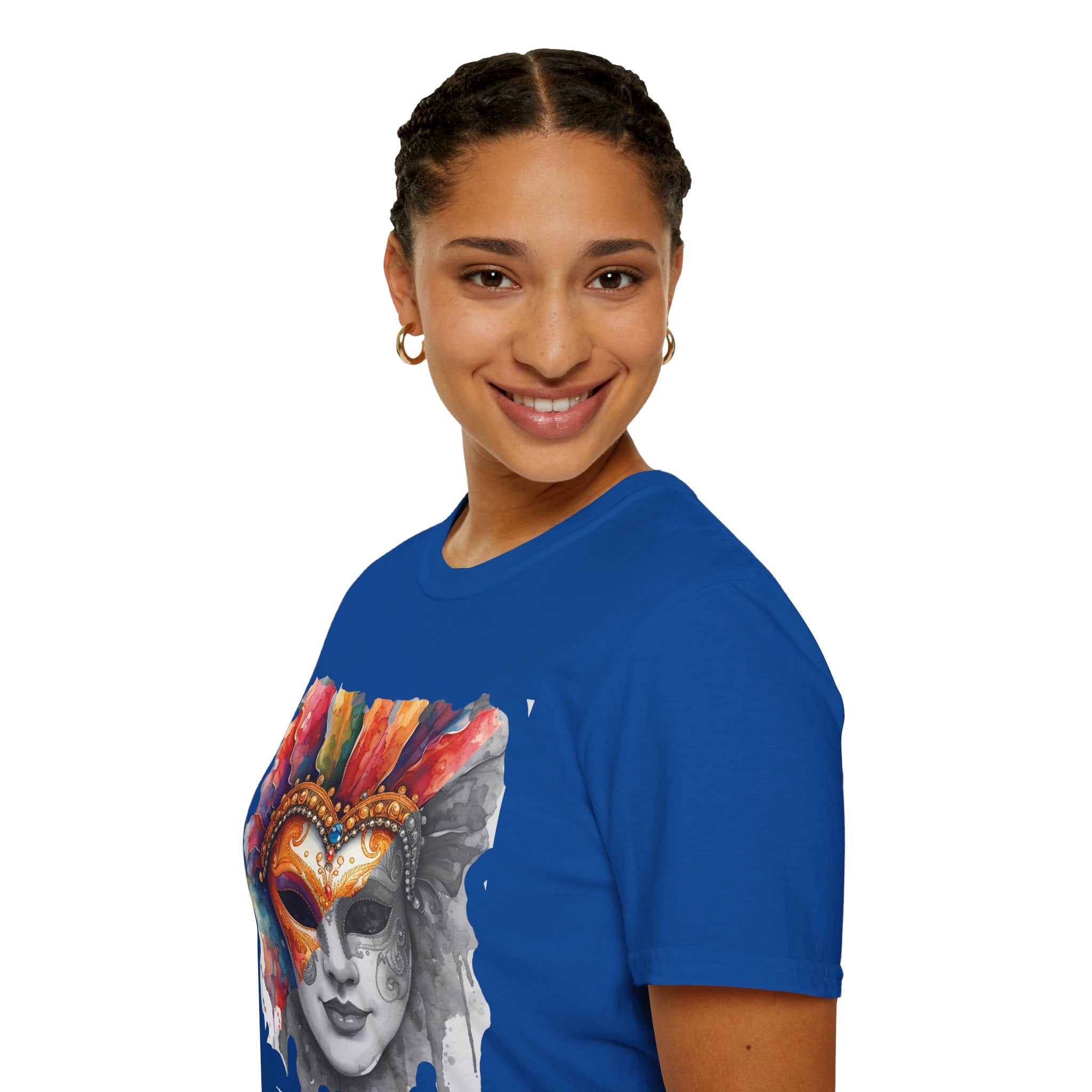 Royal blue T-shirt worn by model; watercolor mask artwork on chest