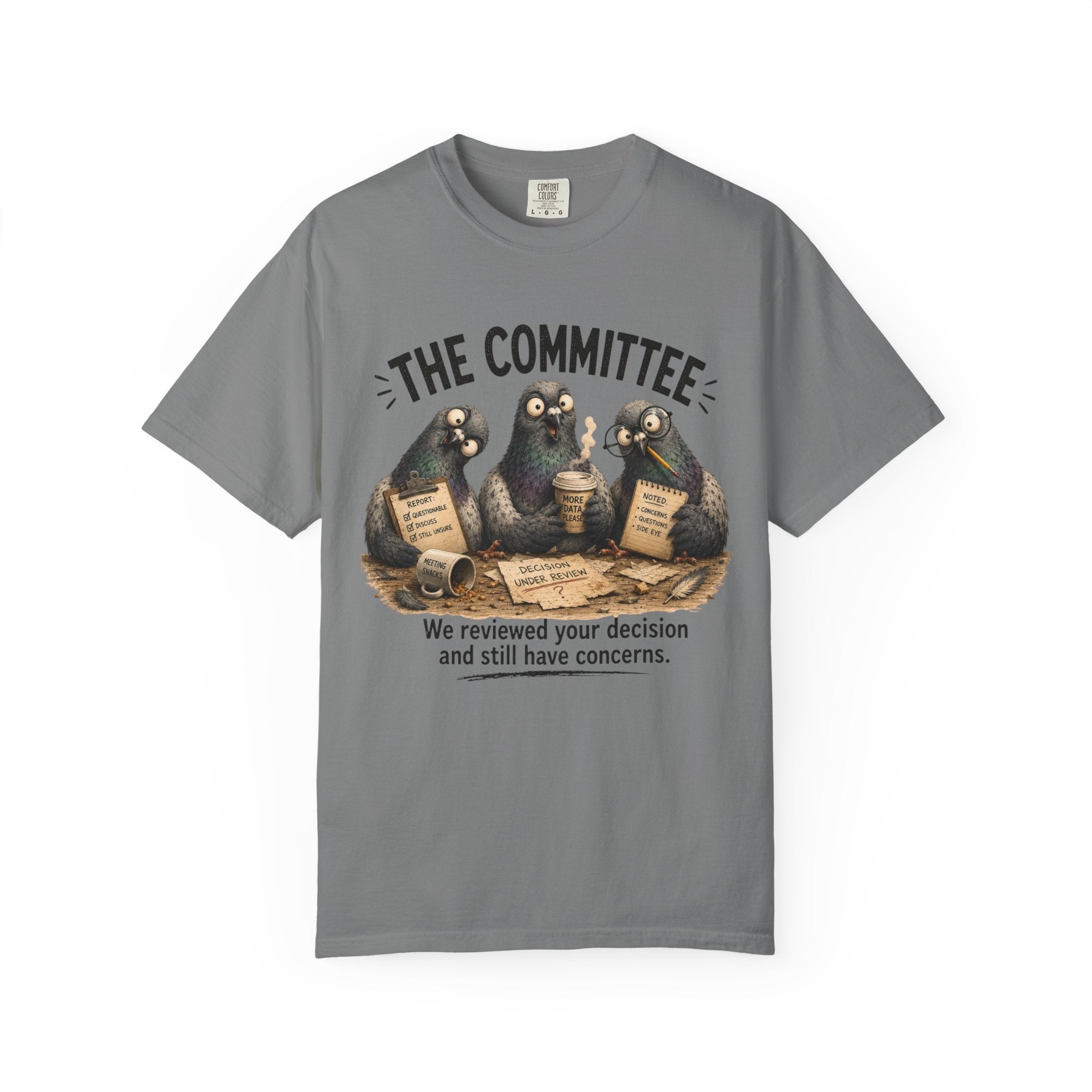 Grey T-shirt with 'The Committee' pigeon reviewers graphic on front