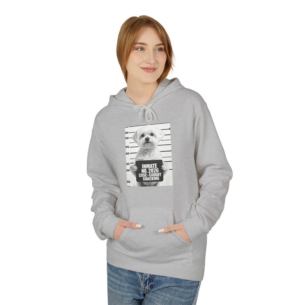 Sport grey hoodie worn front view, dog mugshot snack print on chest