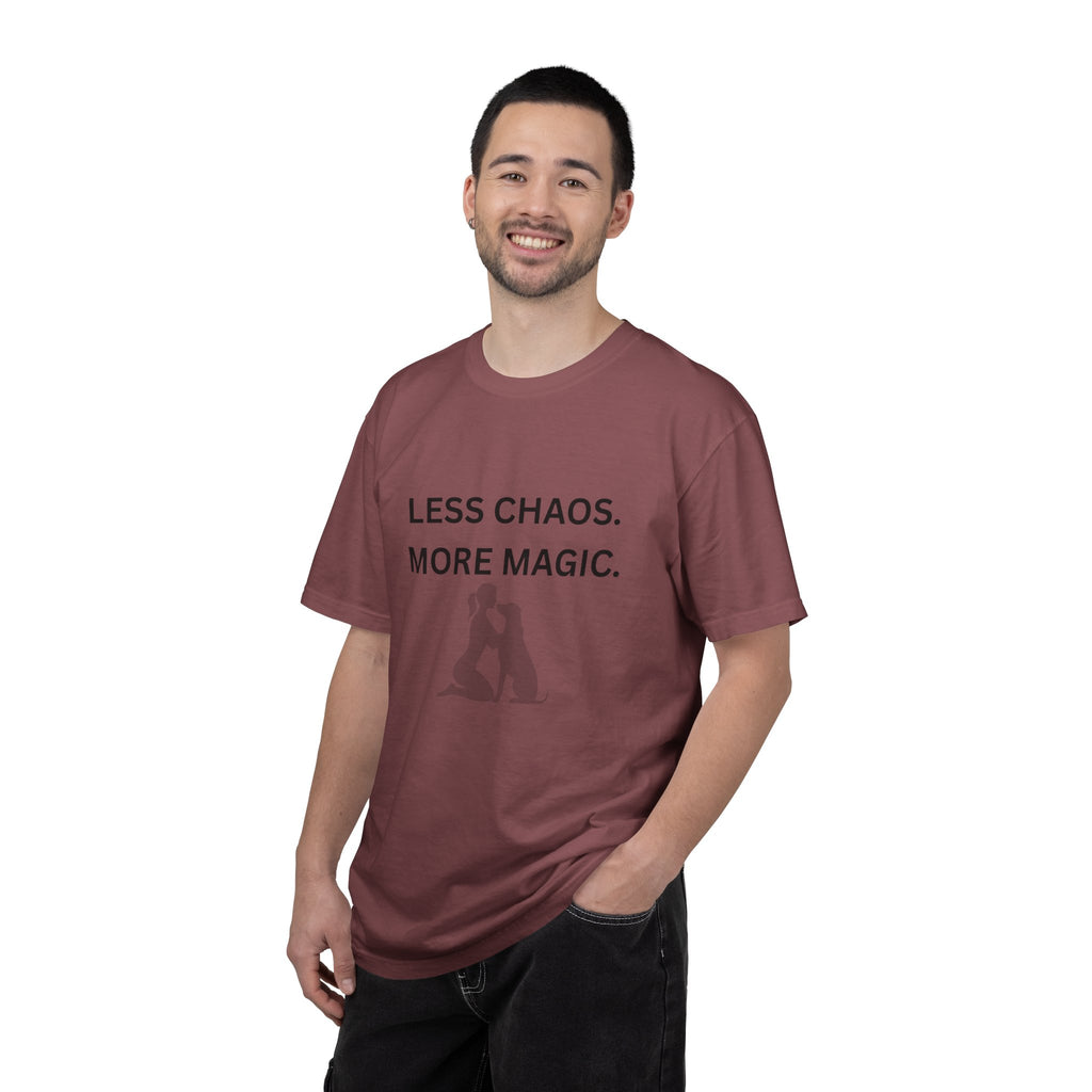 Less Chaos, More Magic T-Shirt — Woman + Dog Silhouette Graphic Tee