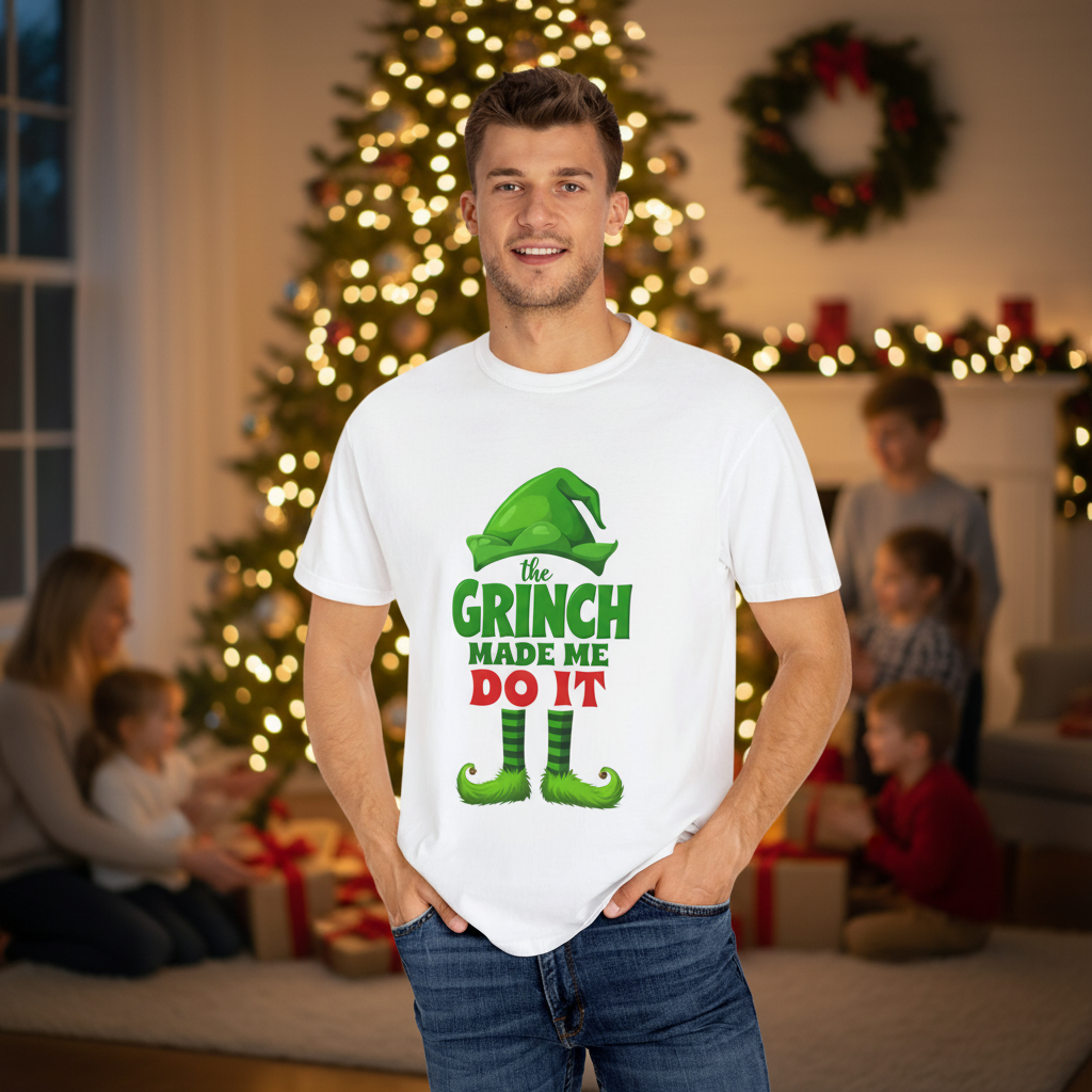 Unisex white t-shirt with green Grinch graphic and red DO IT lettering