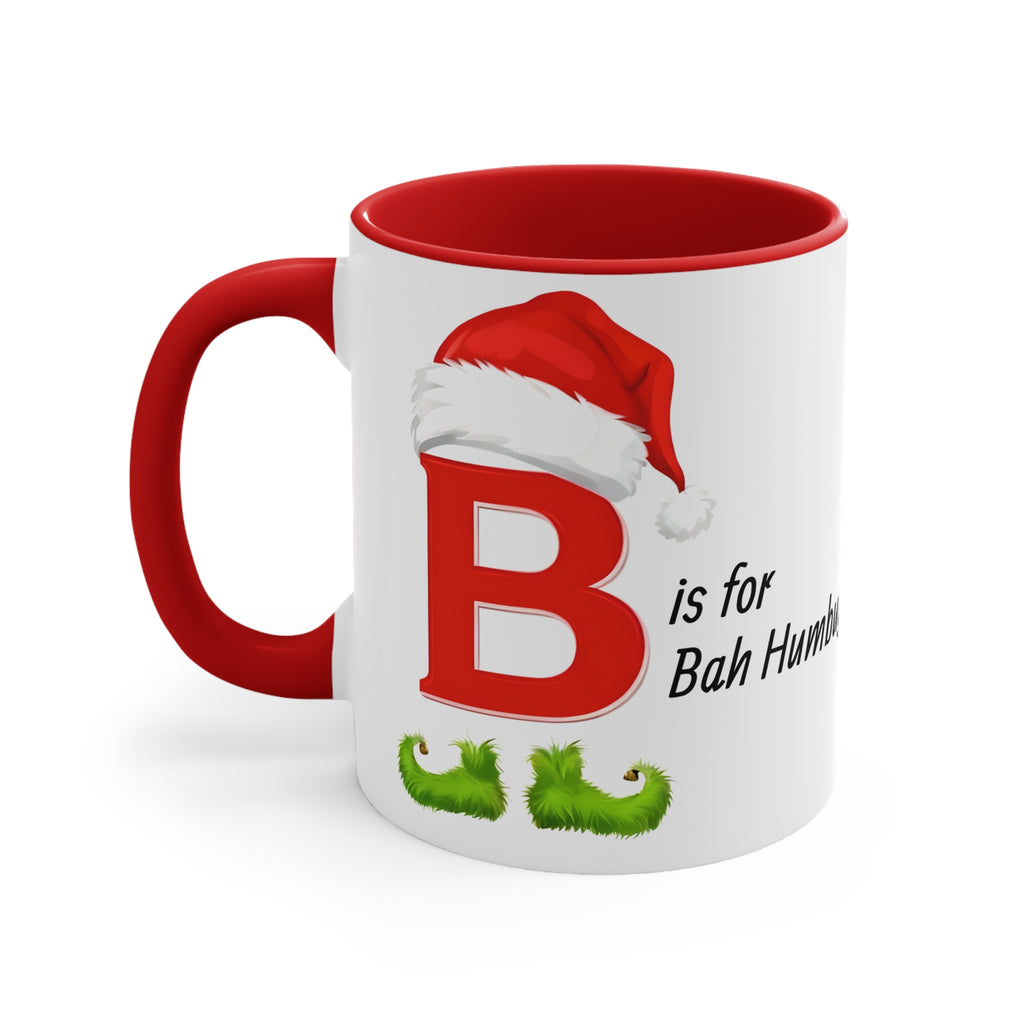 White Christmas coffee mug with red handle and red interior; “B is for Bah Humbug” lettering