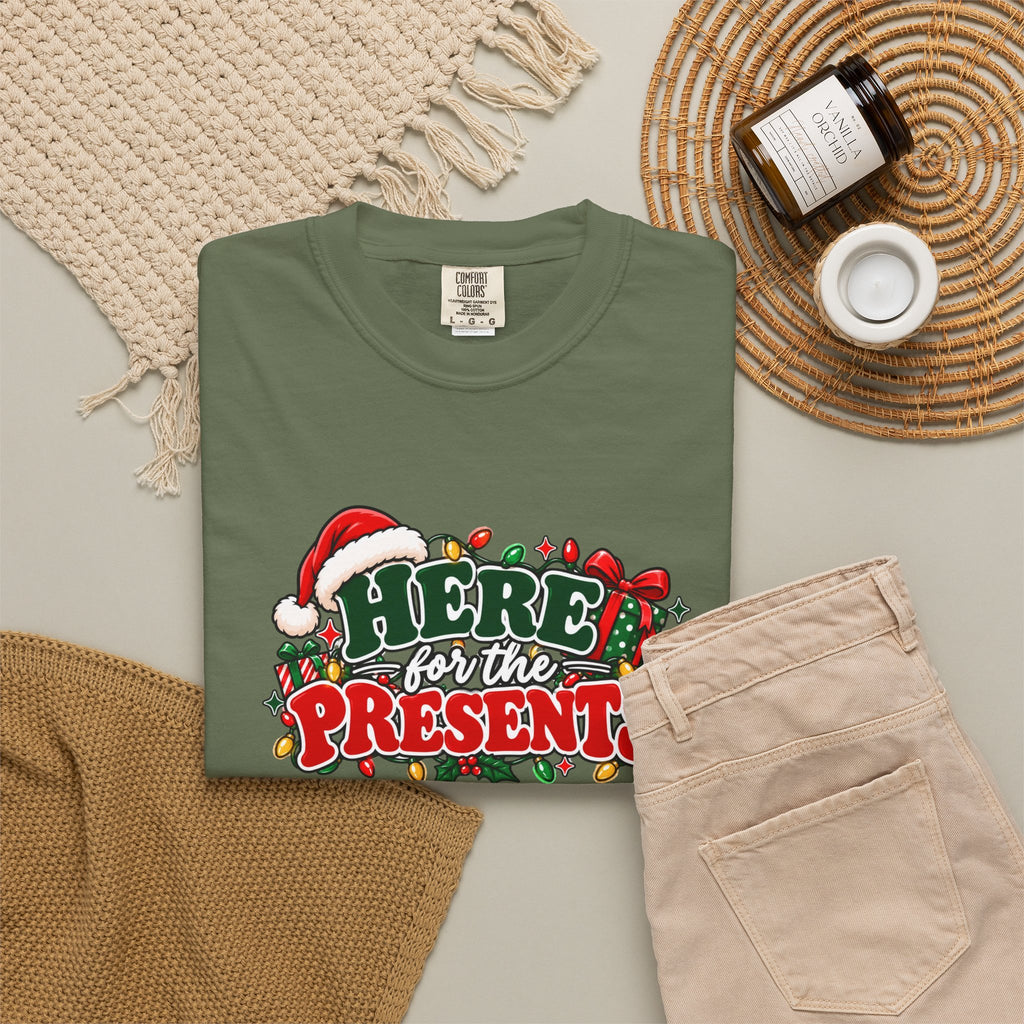 Olive green Christmas T-shirt with 'Here for the Presents' wreath and lights graphic
