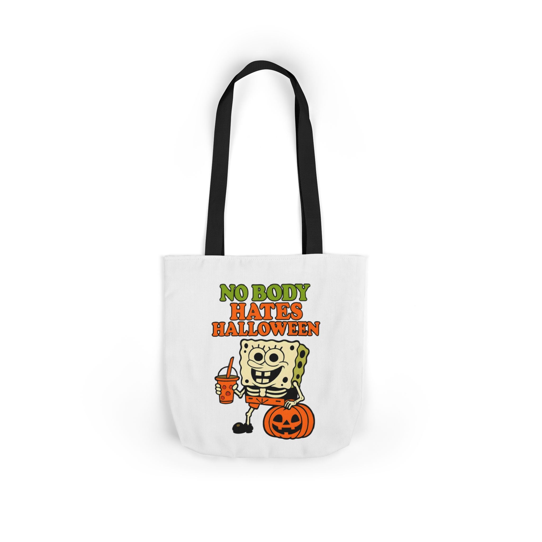 White canvas tote bag with black handles and 'No Body Hates Halloween' text graphic