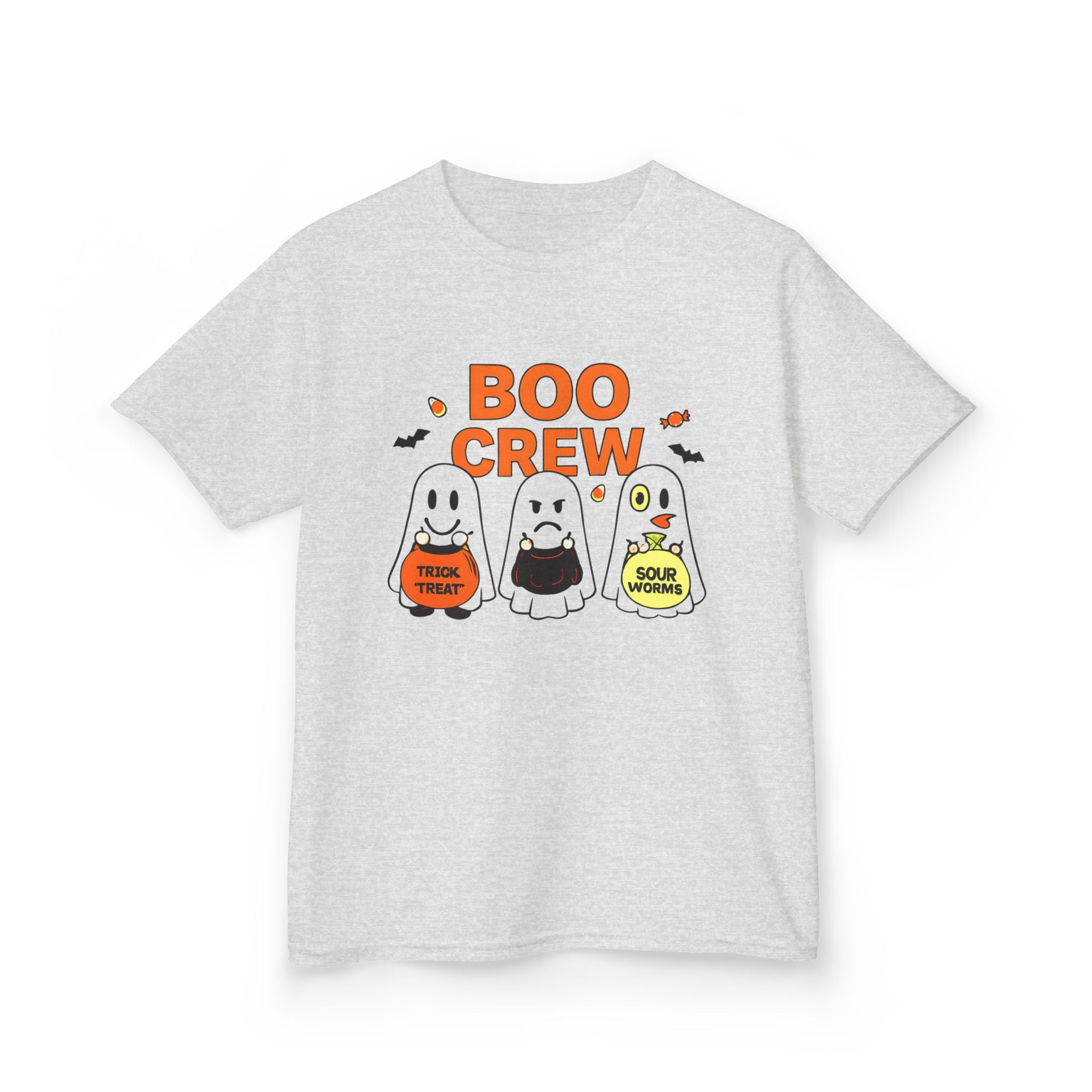Kids Halloween T-shirt, ash gray with “BOO CREW” ghost trick-or-treat graphic