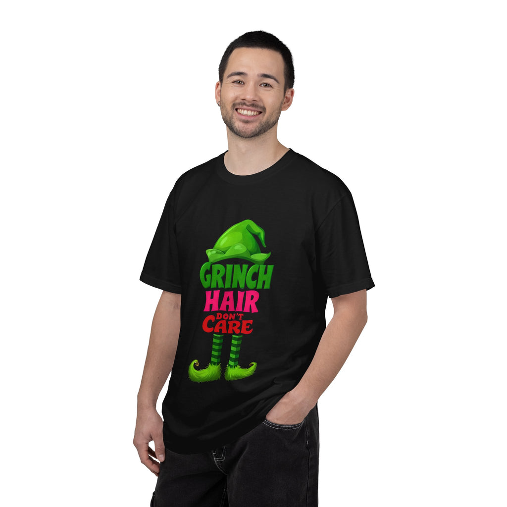 Charcoal graphic T-shirt with Grinch Hair Care front print, worn by man