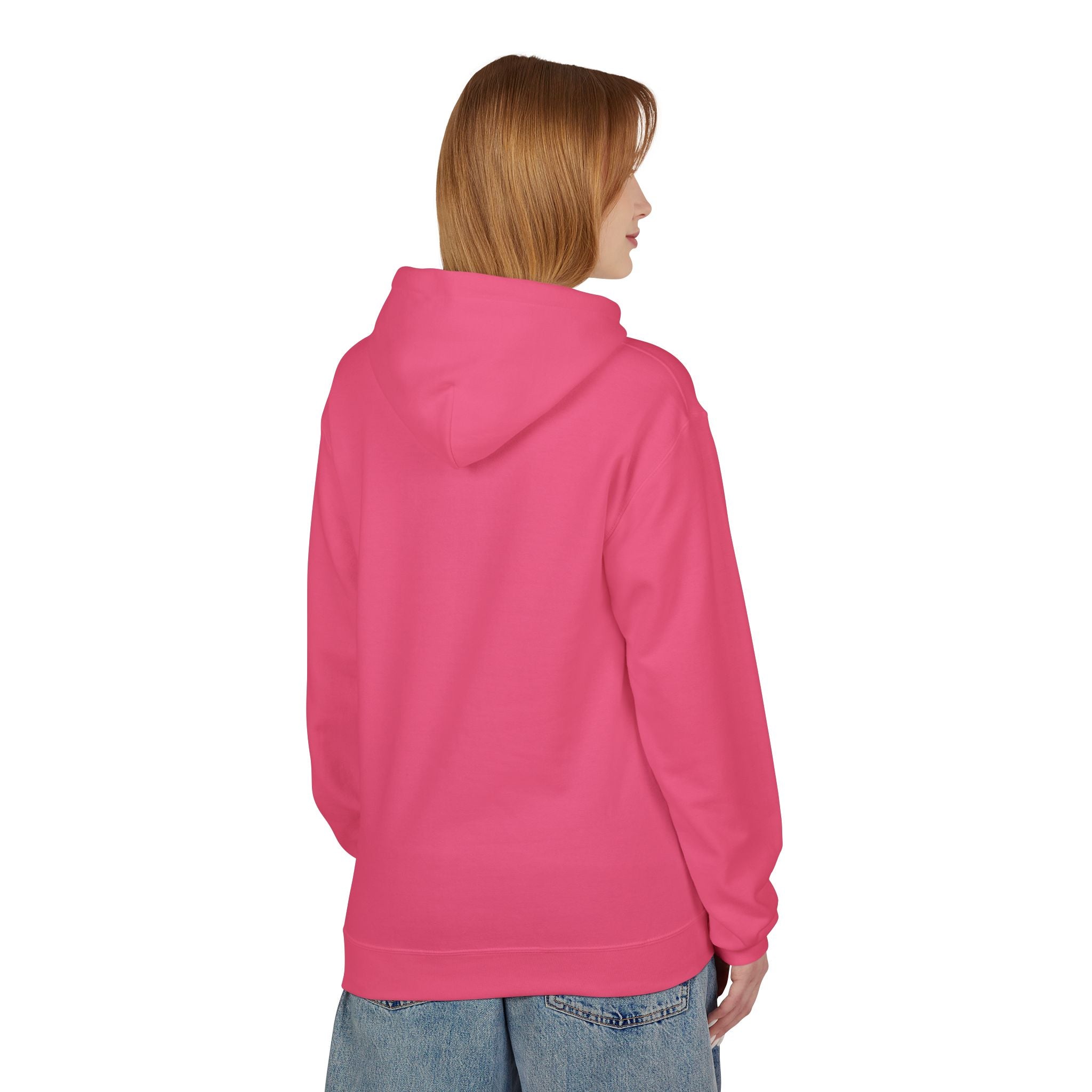 Light pink hoodie back view with hood and kangaroo pocket