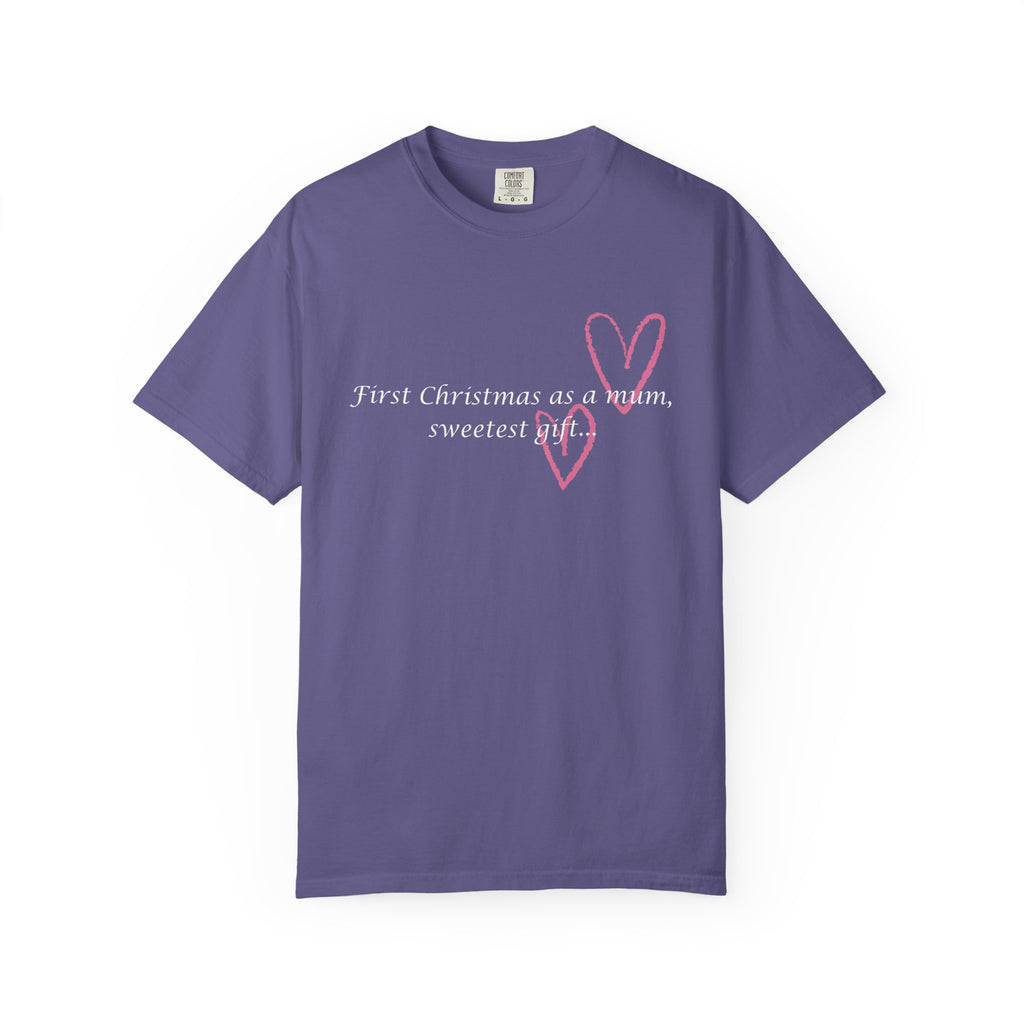 Grape purple “First Christmas as a mum, sweetest gift” T-shirt with pink hearts