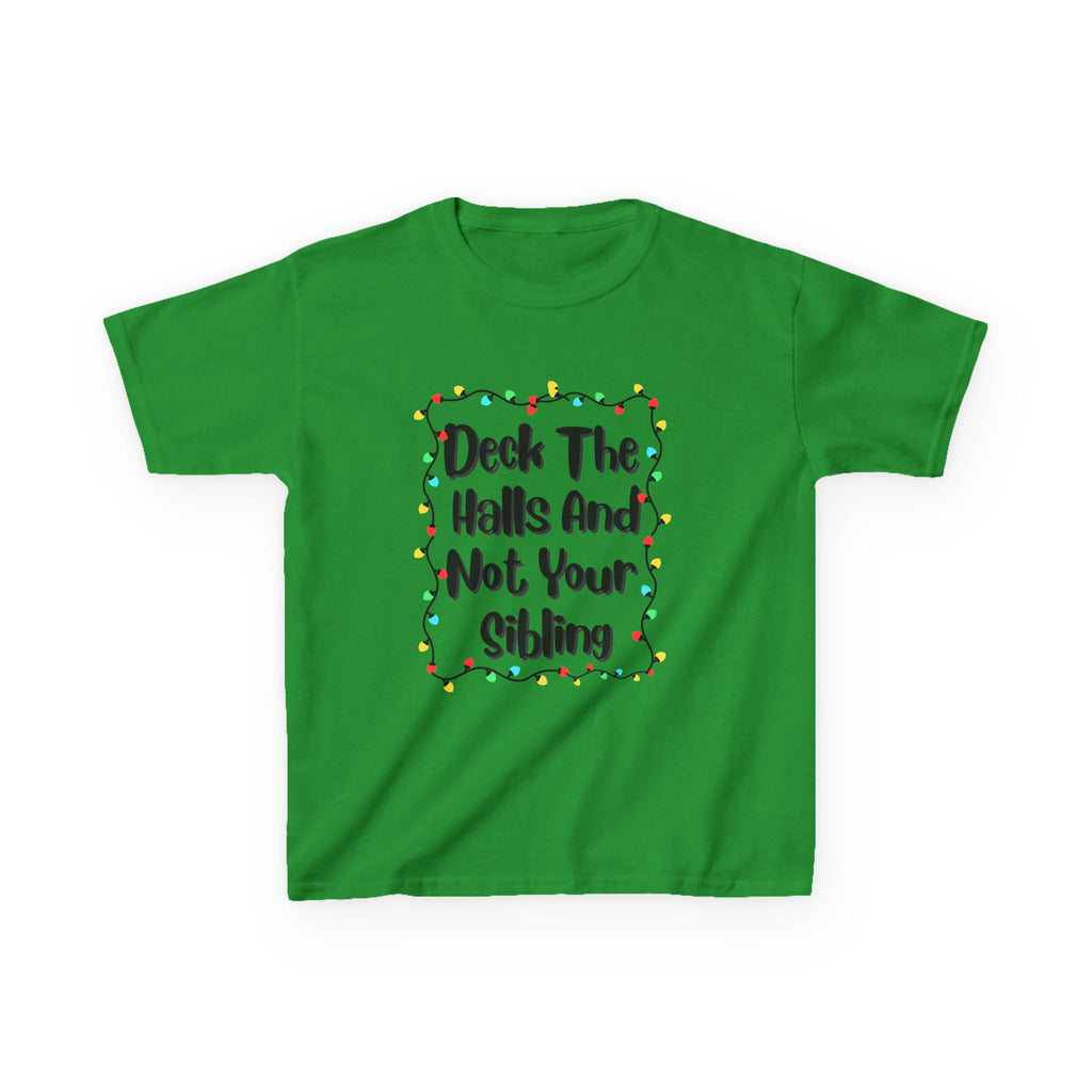 Green kids T-shirt with colorful wreath light graphic and "Deck the Halls" text
