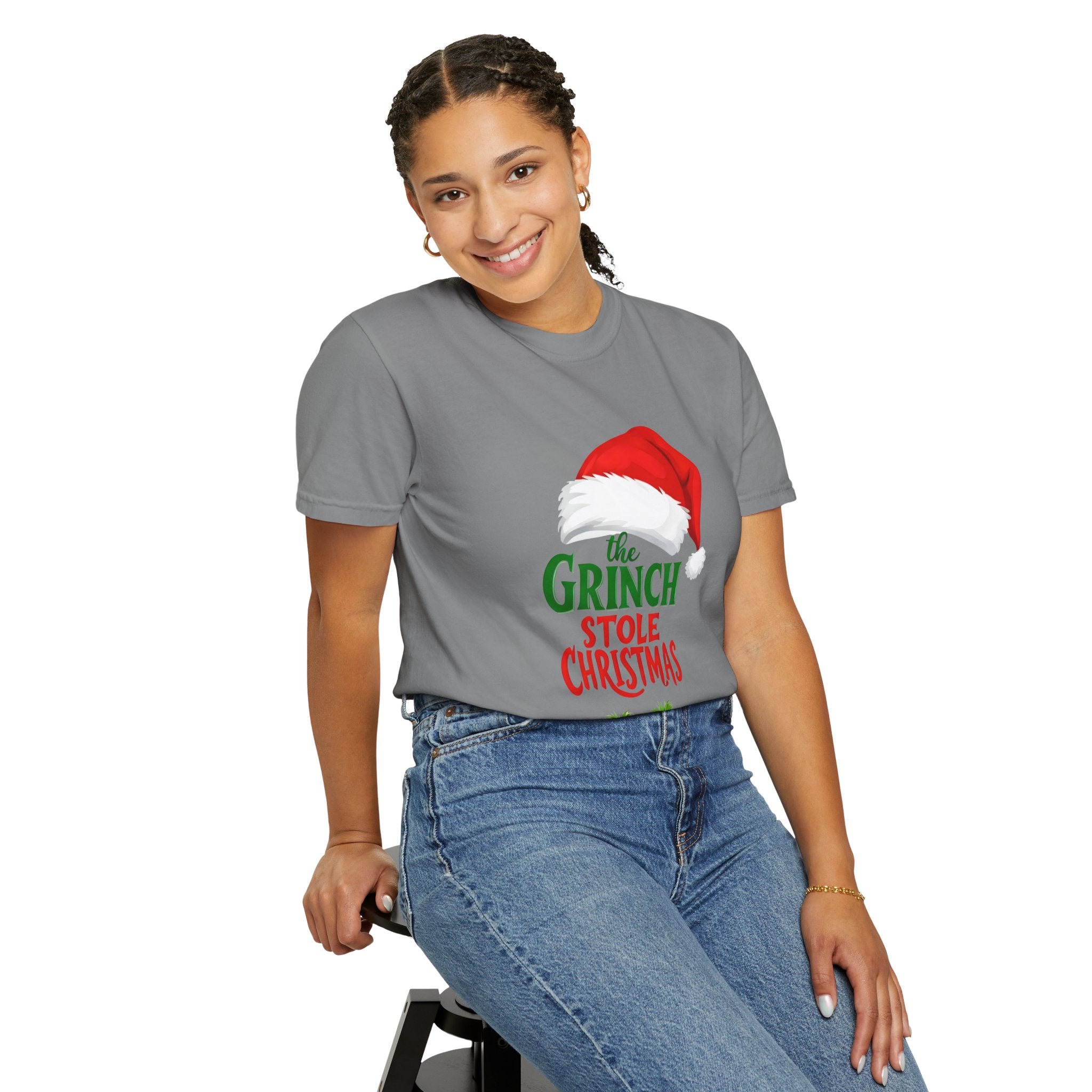 Grey crewneck T-shirt with red Santa-hat Grinch graphic and “stole Christmas”