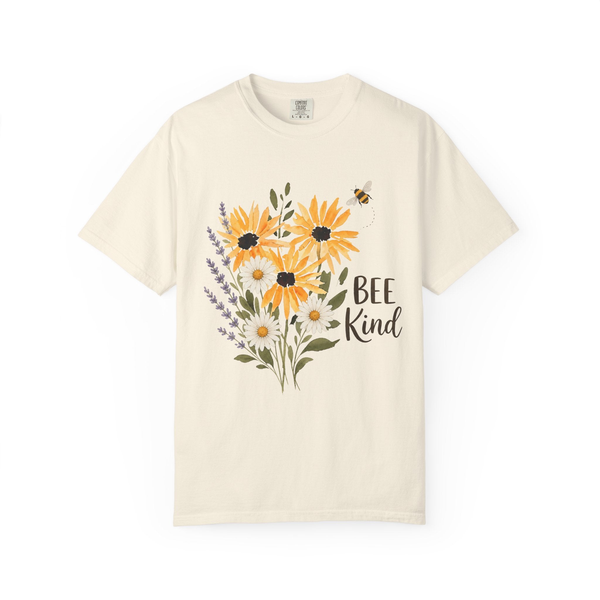 Ivory t-shirt with sunflower and lavender bouquet graphic and 'Bee Kind' text