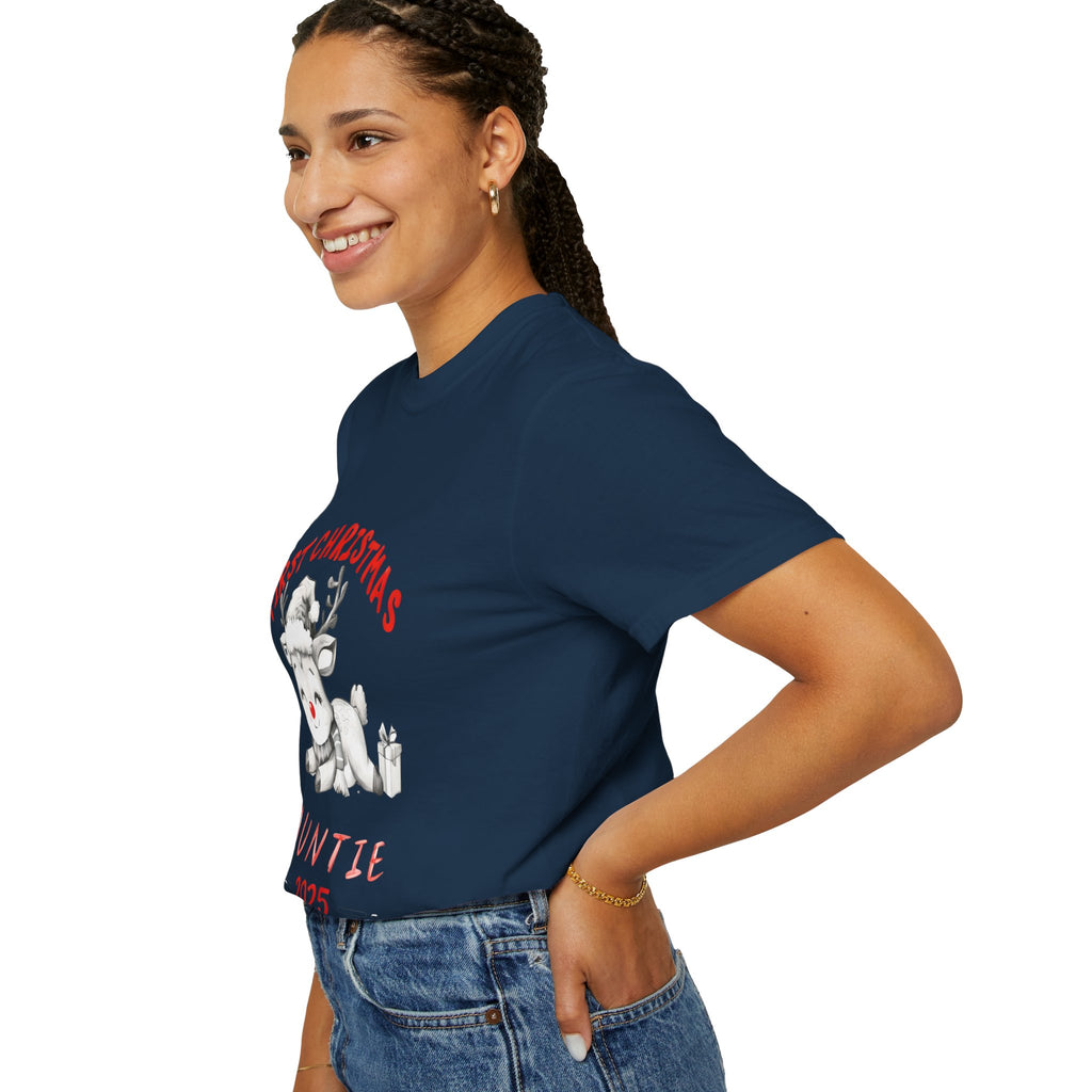 Navy Christmas t-shirt with reindeer graphic and 'Auntie 2025' on front