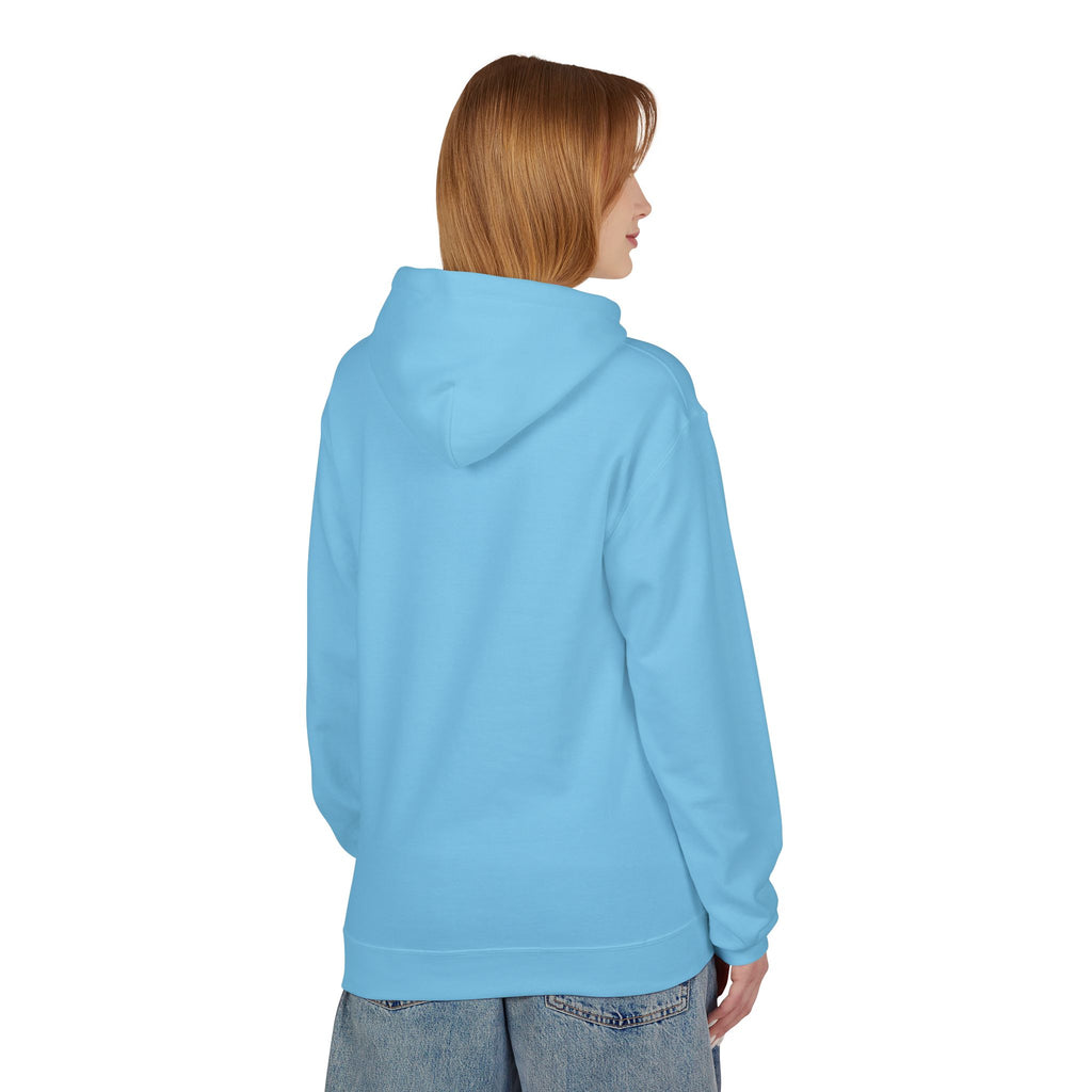 Sky blue hoodie back view with hood and kangaroo pocket