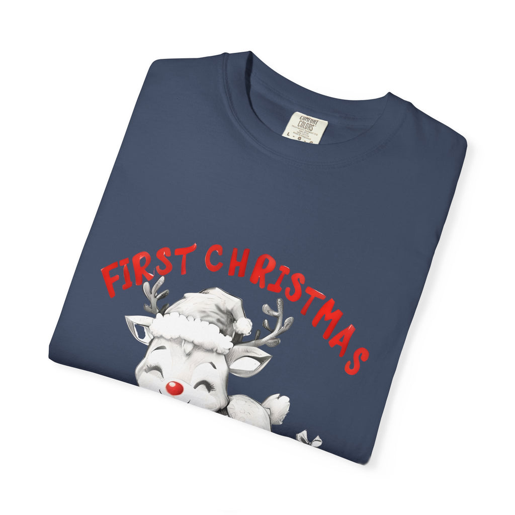 Dark blue T-shirt with front white reindeer and red arched 'First Christmas' lettering
