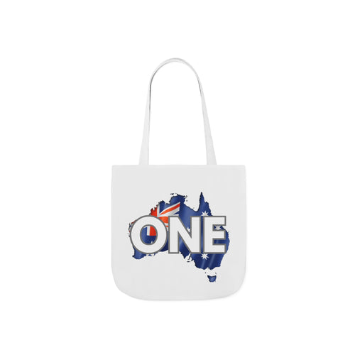 White canvas tote bag with 'ONE' over blue Australia map graphic