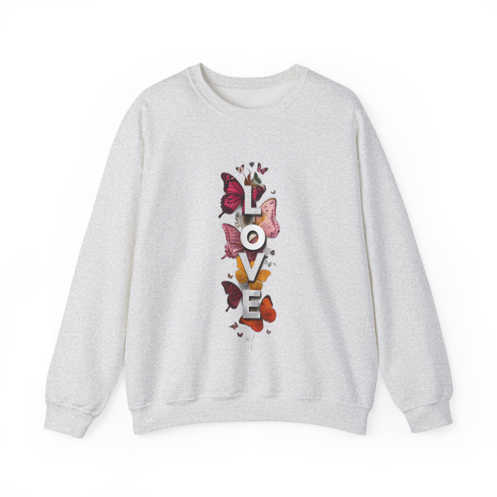Ash gray sweatshirt with long sleeves and LOVE word butterfly graphic on front