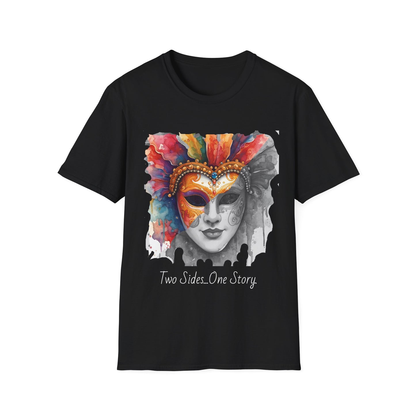 Masquerade Face T-Shirt — "Two Sides, One Story" Watercolor Mask Tee