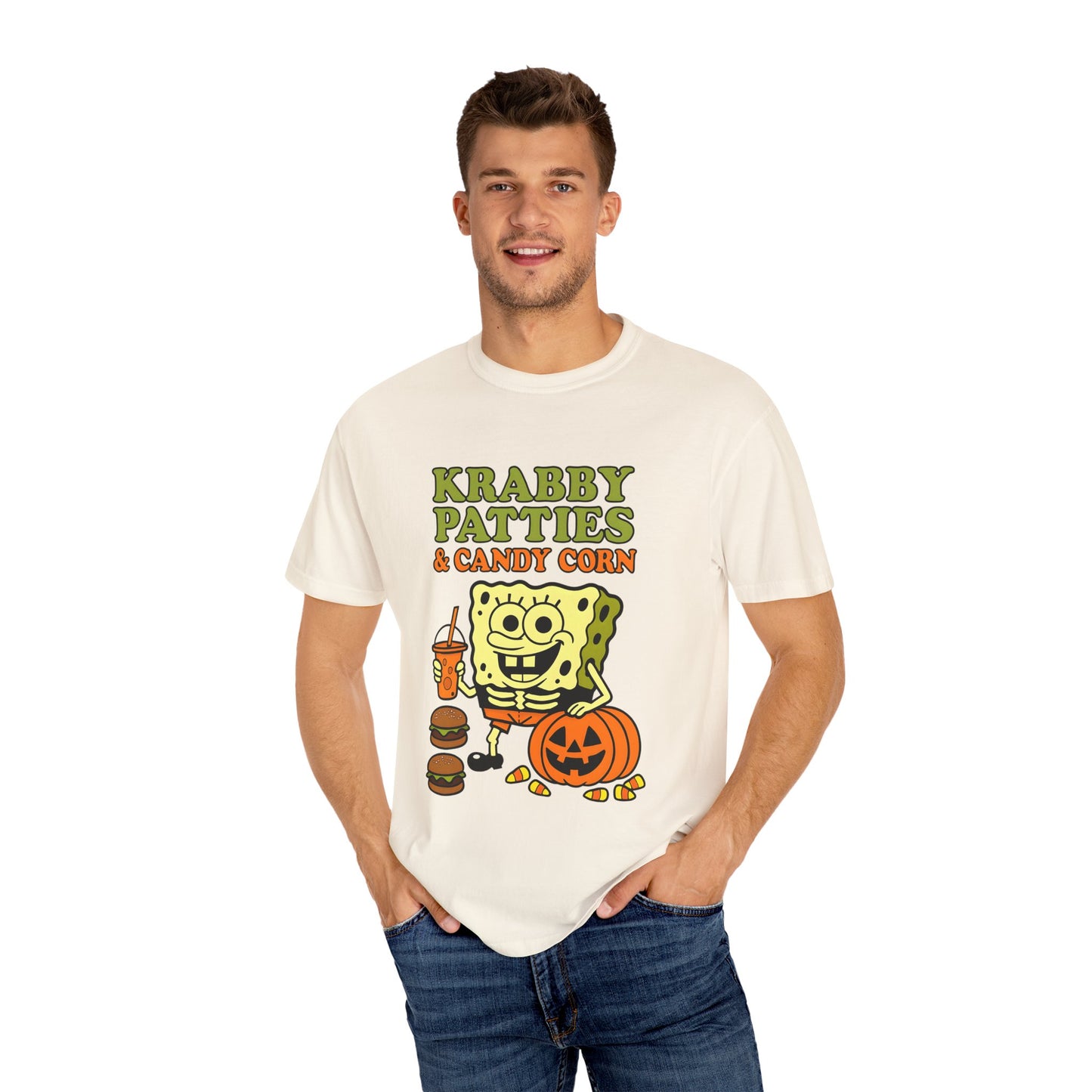 Krabby Patties & Candy Corn T-Shirt, Fun Halloween Tee, Unisex Graphic Shirt, Cute Gift for Halloween, Spooky Season Apparel