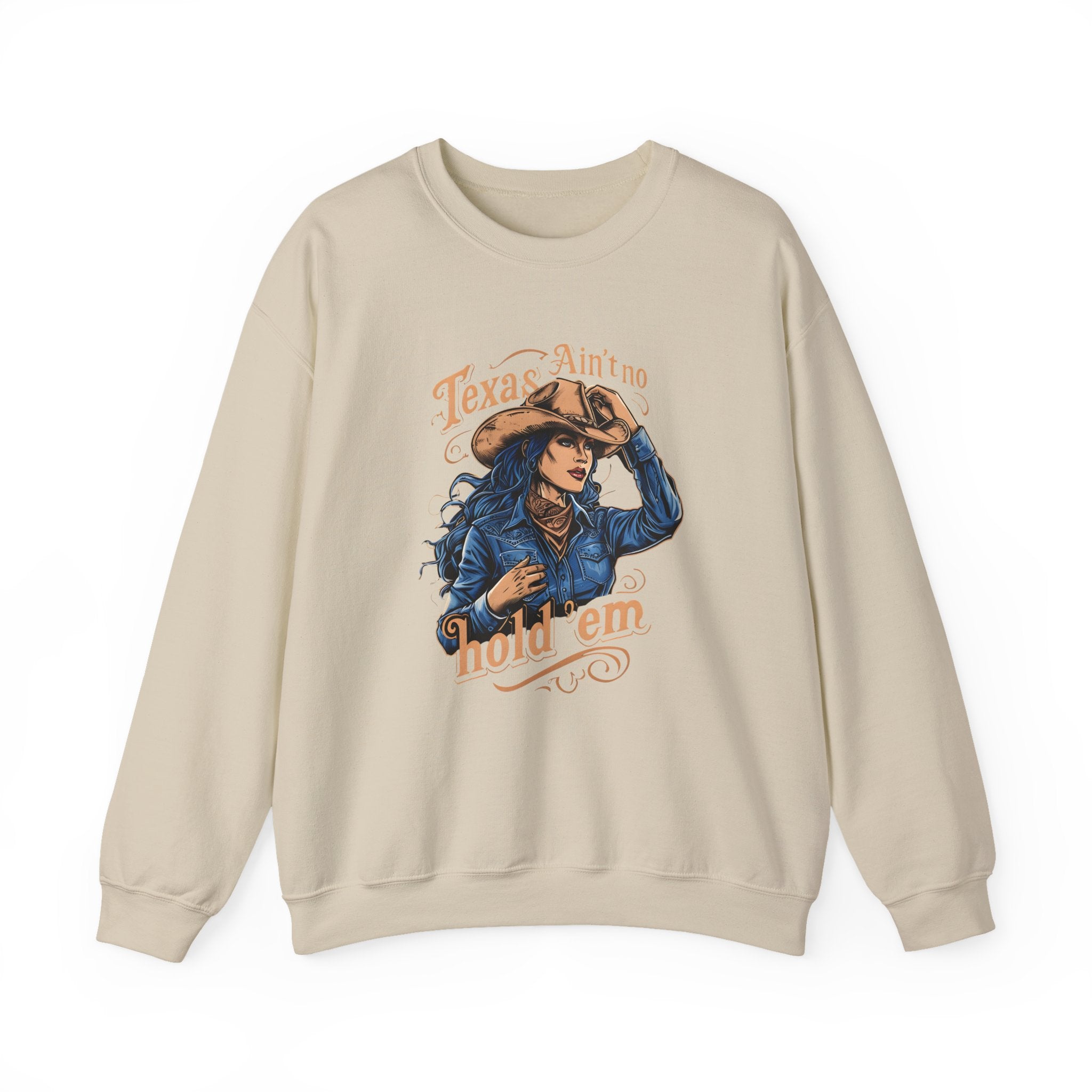 Beige crewneck sweatshirt with colorful western cowgirl graphic