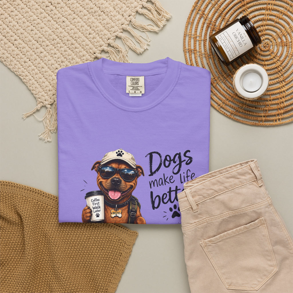 Dog Lovers Staffy T‑Shirt — "Dogs Make Life Better" Graphic Tee