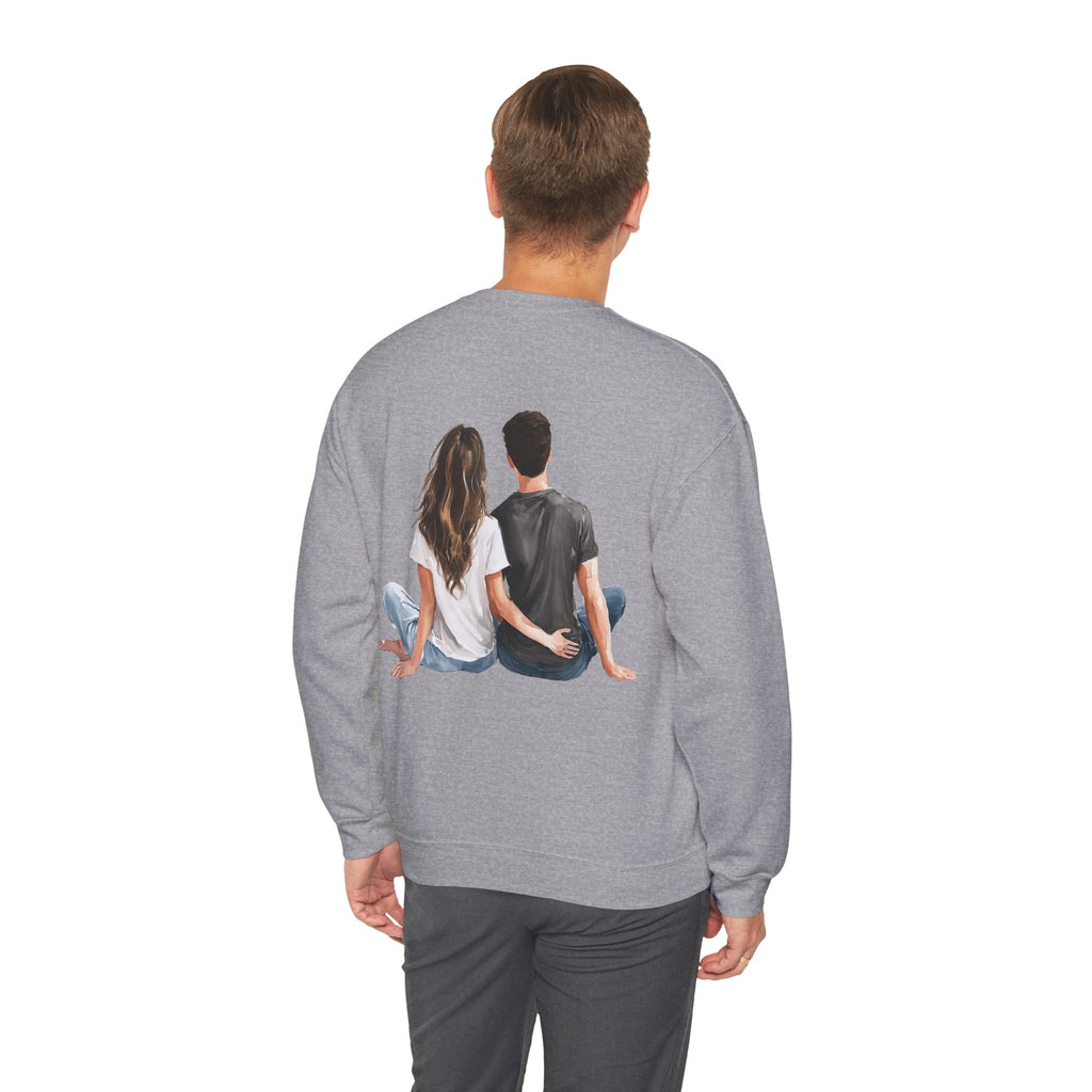 Sport grey crewneck sweatshirt, back graphic of couple sitting together