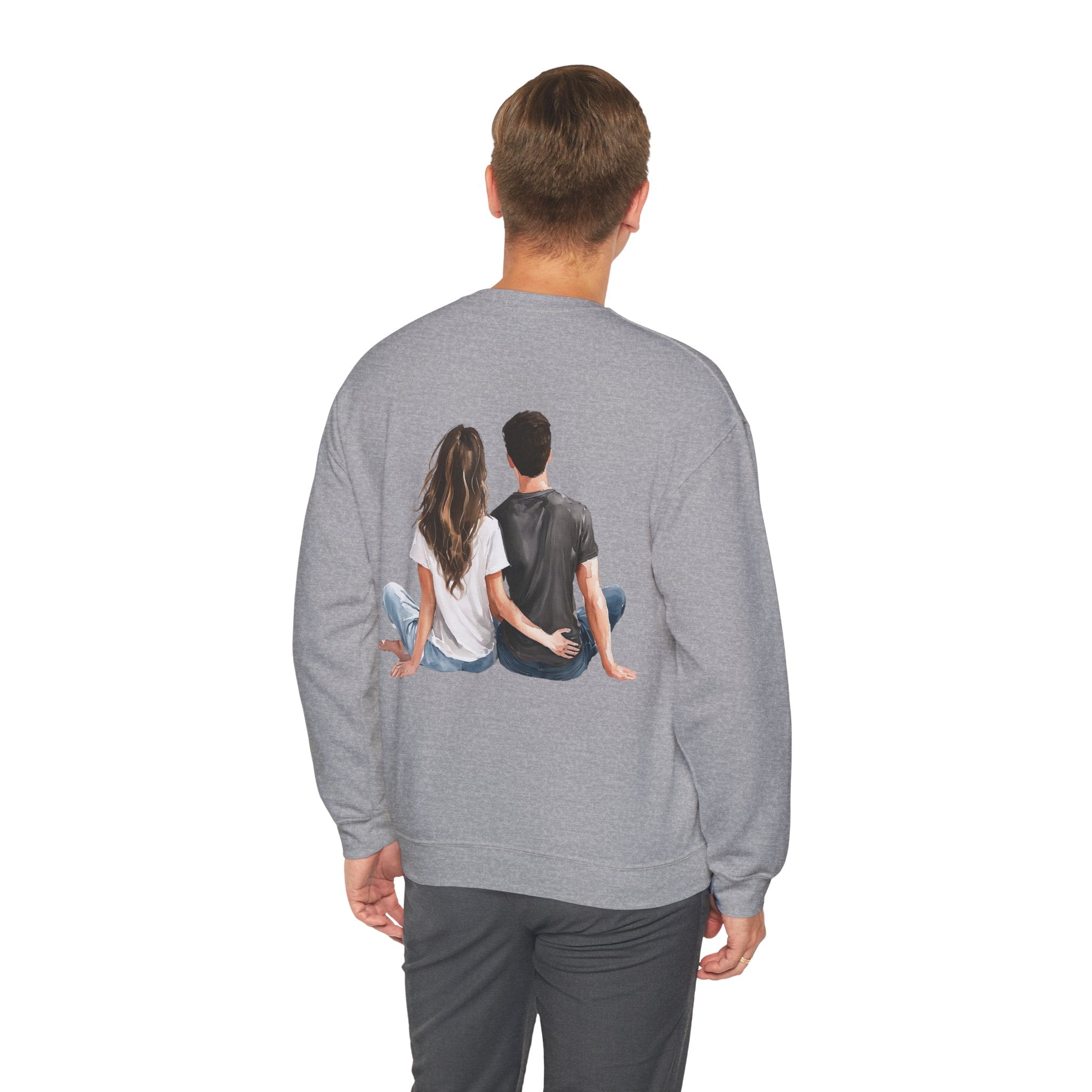 Sport grey crewneck sweatshirt, back graphic of couple sitting together