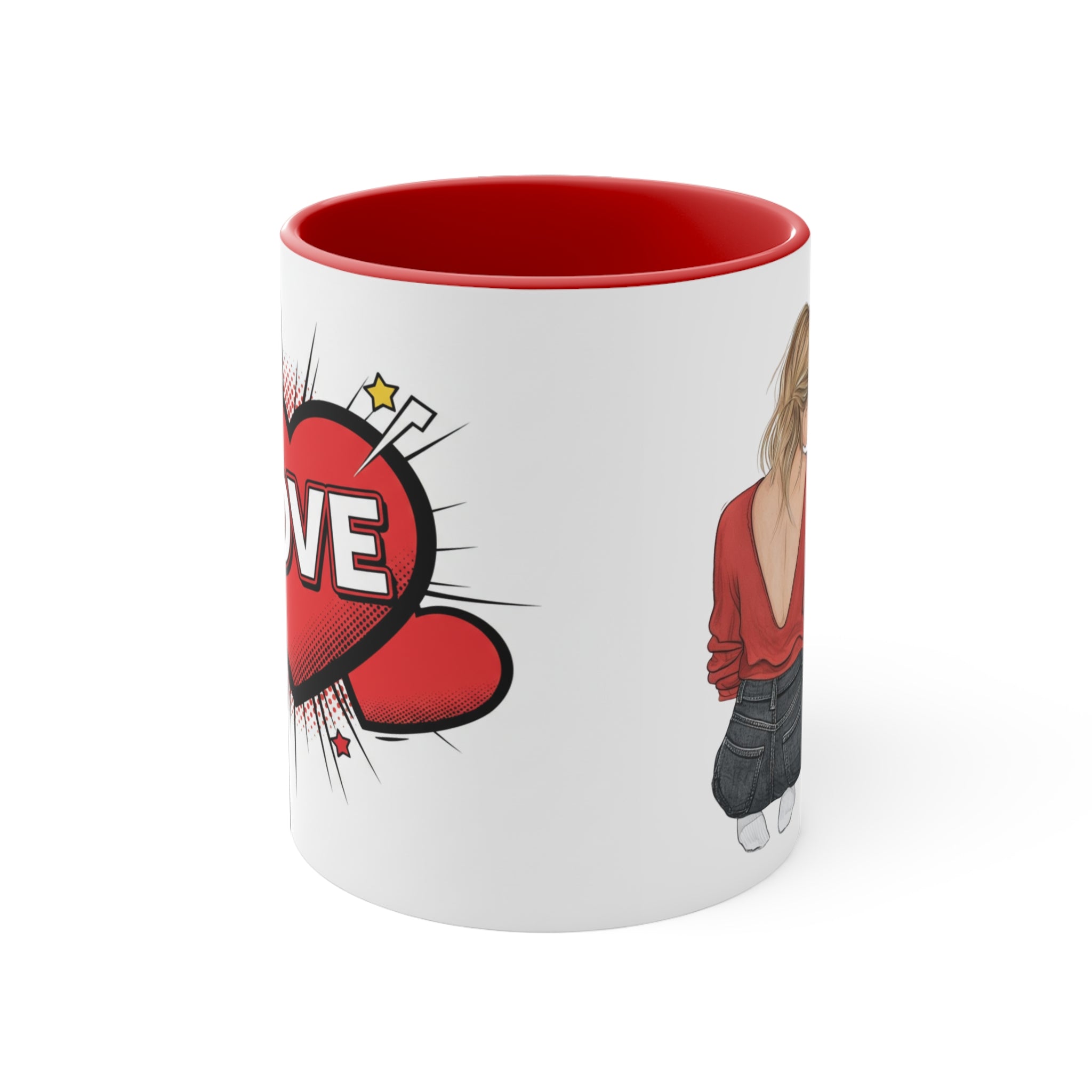 Red-accent white mug close-up with couple sitting back-to-back; love print