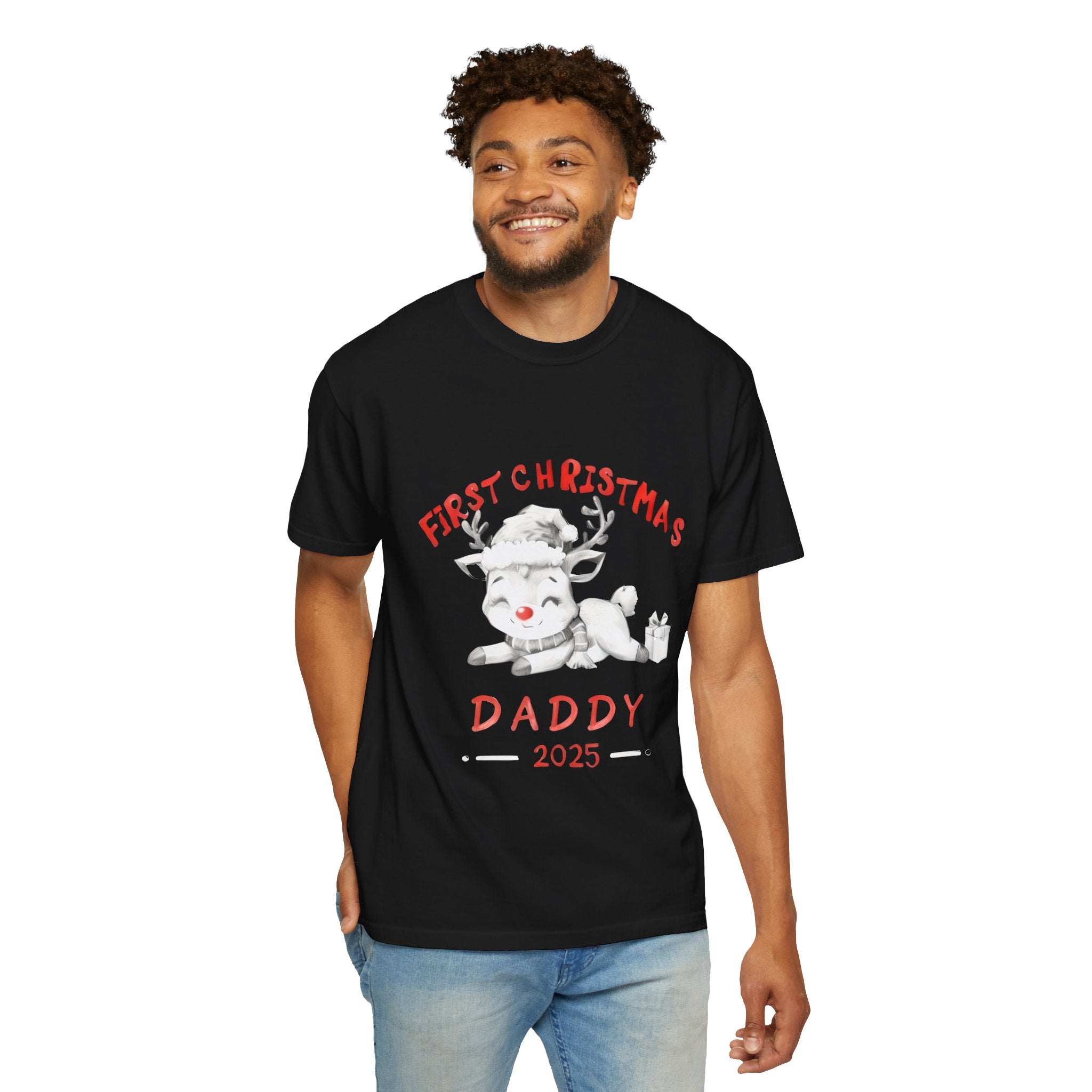 Men's black Christmas graphic T-shirt with reindeer, "Daddy 2025" print