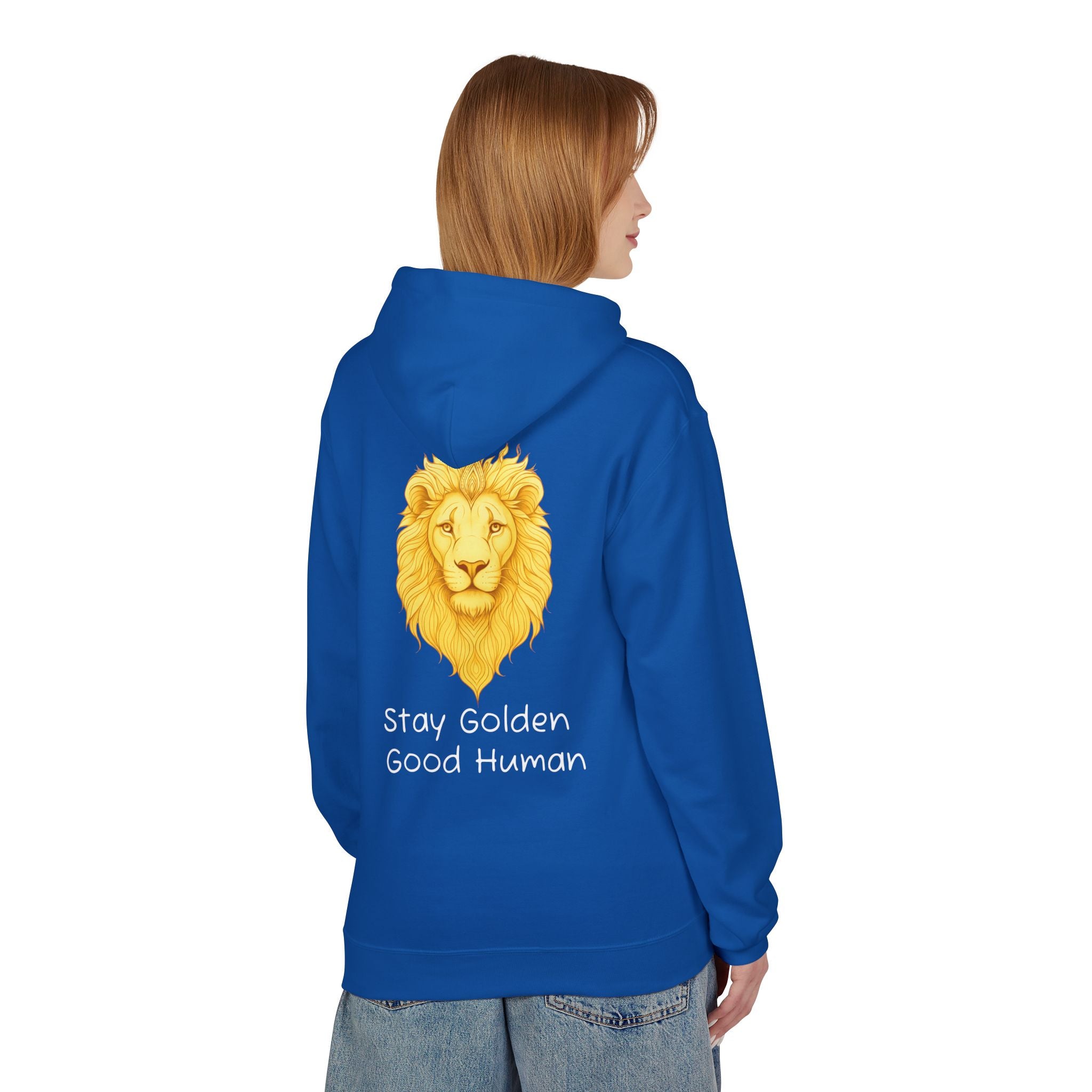 Royal blue unisex hoodie, back view with golden lion head graphic and “Stay Golden Good Human”